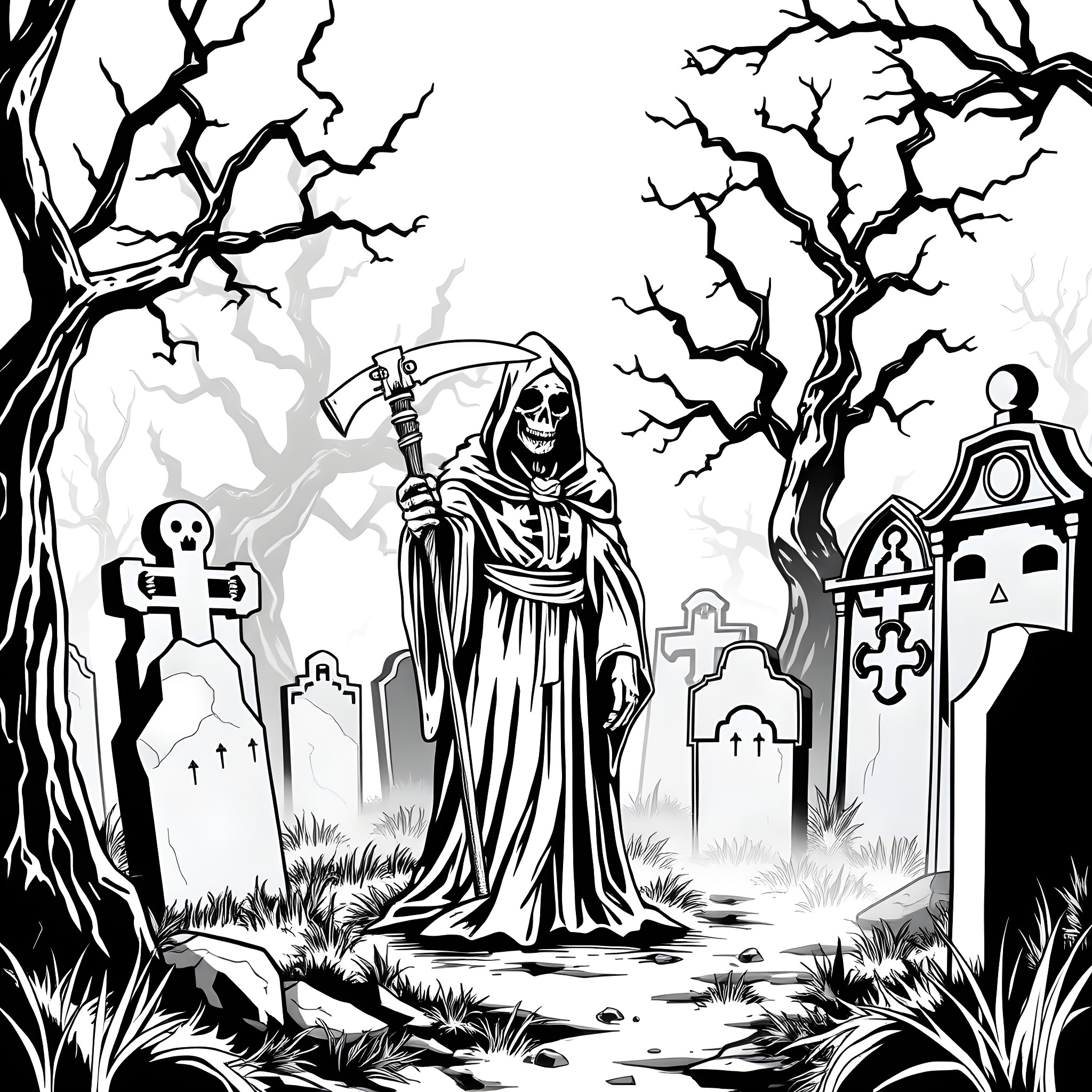 Grim Reaper in a Haunting Graveyard Scene Coloring Page (free black-and-white line drawing printable PDF for all, from beginners to advanced learners, including children, teens, adults, and seniors)
