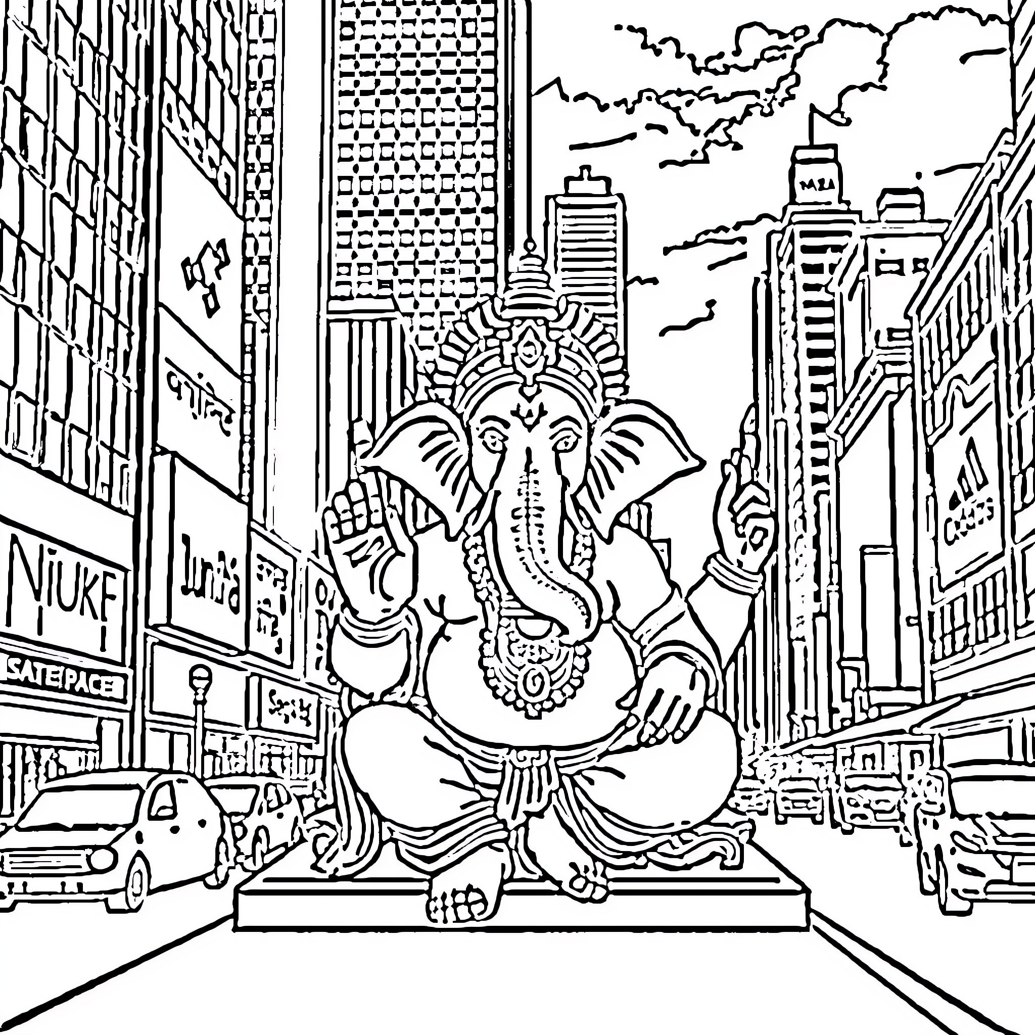 Ganesha in the modern city landscape Coloring Page (free black-and-white line drawing printable PDF for all, from beginners to advanced learners, including children, teens, adults, and seniors)