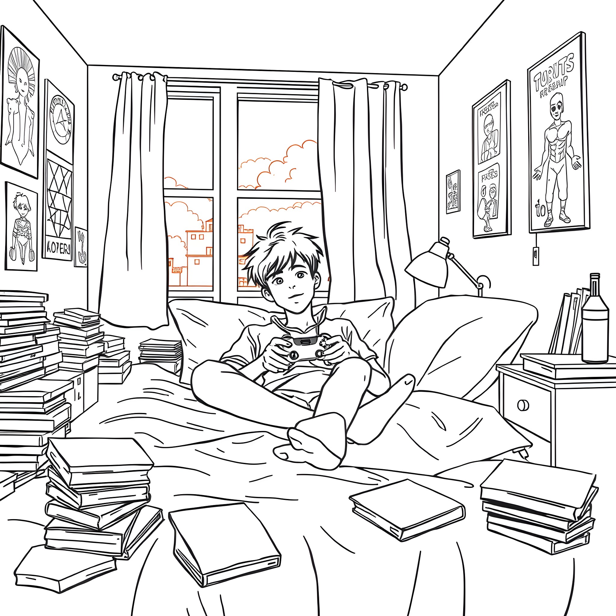 Boy relaxing and reading in his bedroom Coloring Page (free black-and-white line drawing printable PDF for all, from beginners to advanced learners, including children, teens, adults, and seniors)