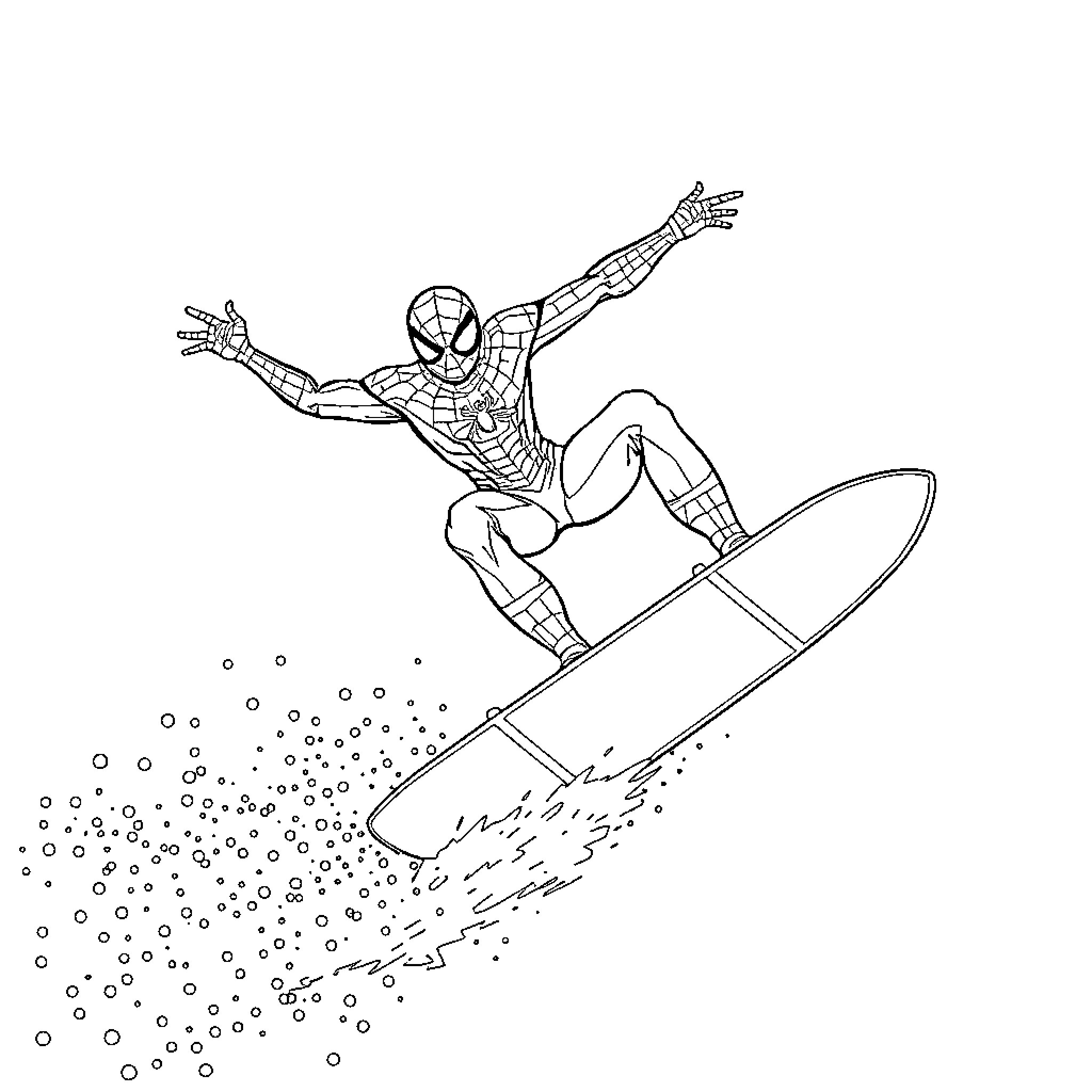 Spiderman surfing through the city Coloring Page (free black-and-white line drawing printable PDF for all, from beginners to advanced learners, including children, teens, adults, and seniors)