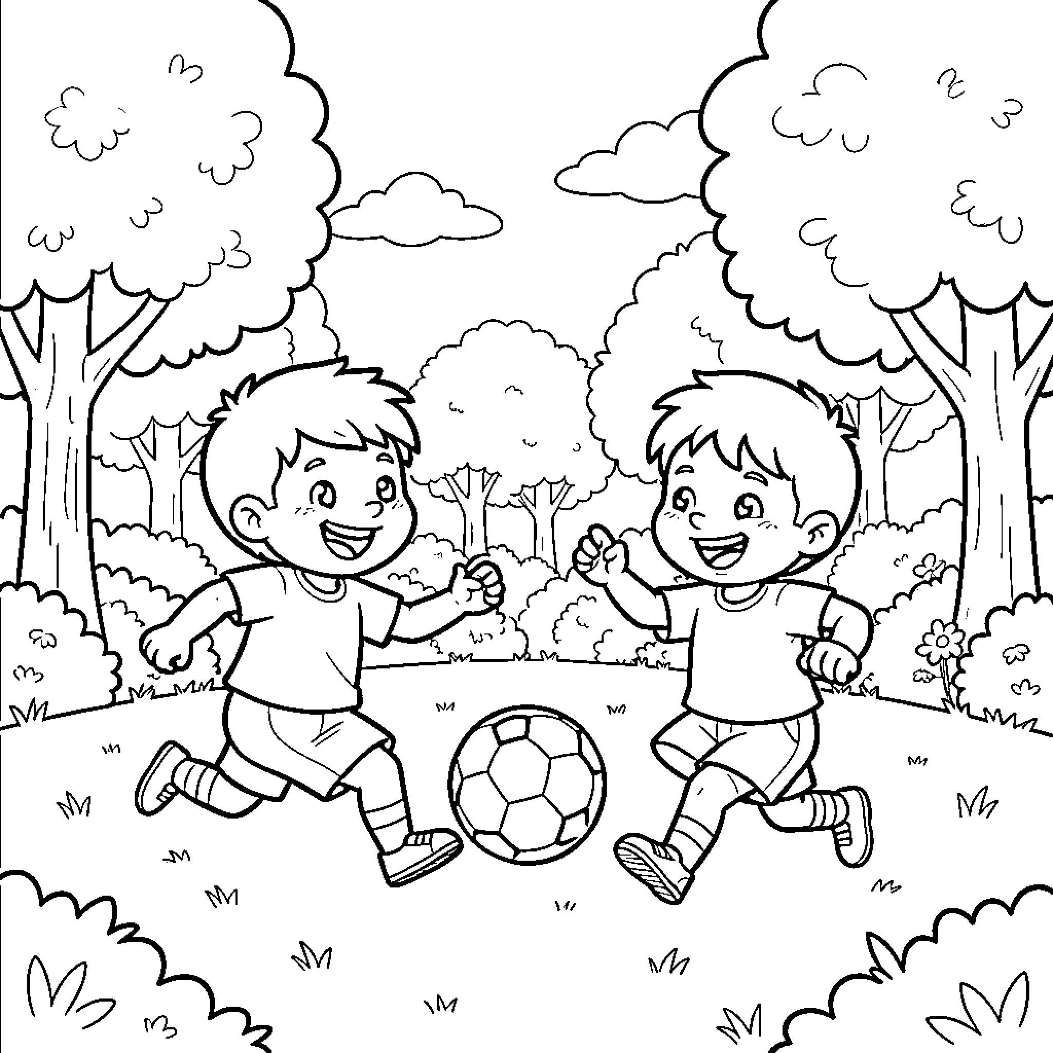 Cartoon Character boys playing soccer in a park Coloring Page (free black-and-white line drawing printable PDF for all, from beginners to advanced learners, including children, teens, adults, and seniors)