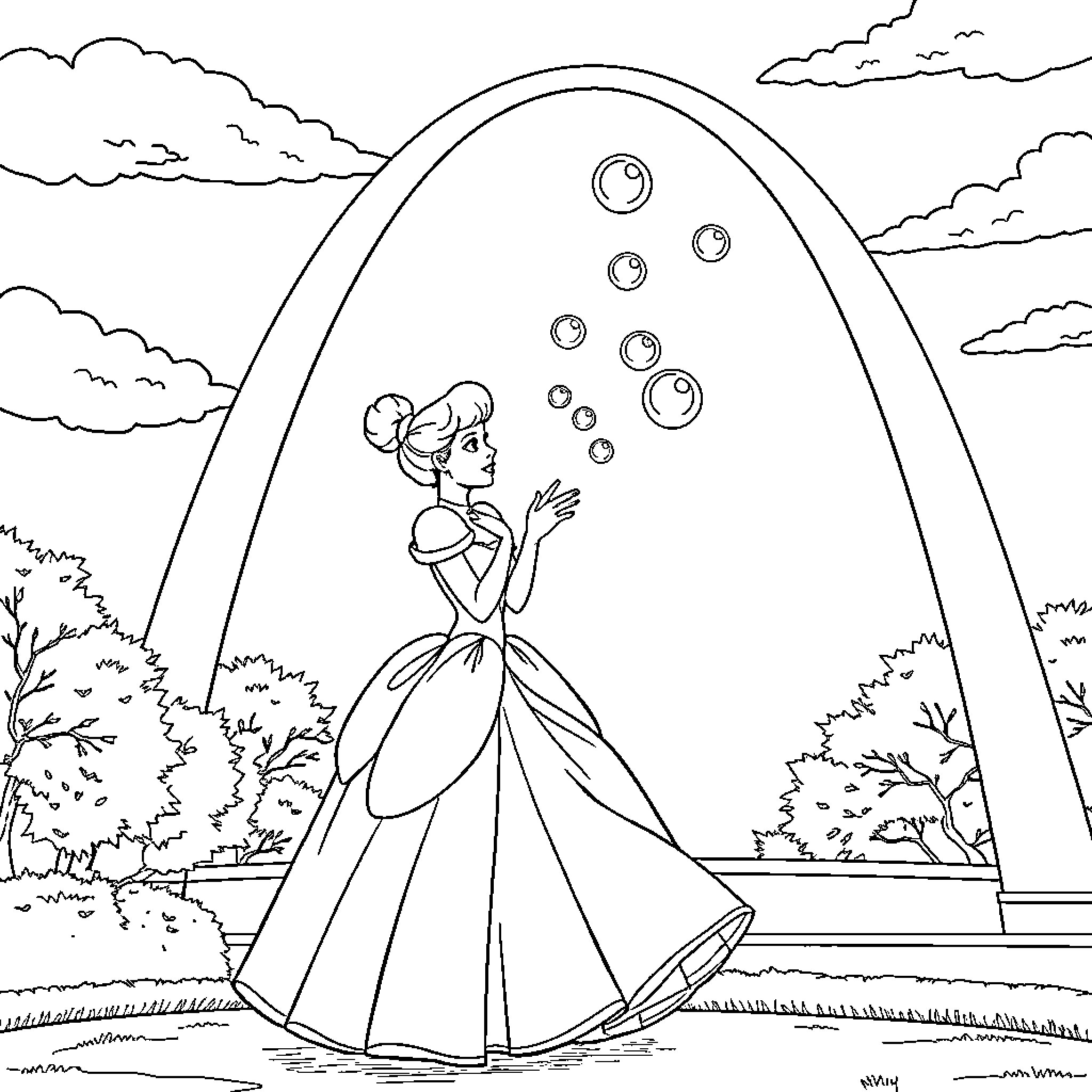 Cinderella blowing bubbles in enchanted garden Coloring Page (free black-and-white line drawing printable PDF for all, from beginners to advanced learners, including children, teens, adults, and seniors)