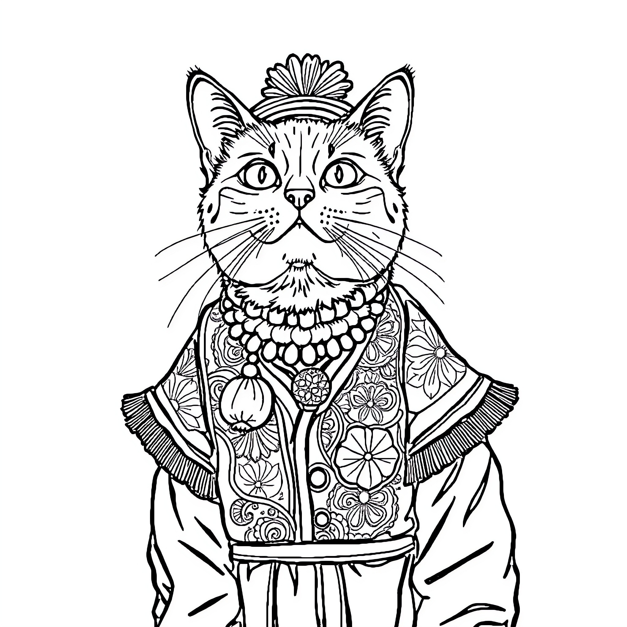Cat in Ornate Garb Coloring Page (free black-and-white line drawing printable PDF for all, from beginners to advanced learners, including children, teens, adults, and seniors)