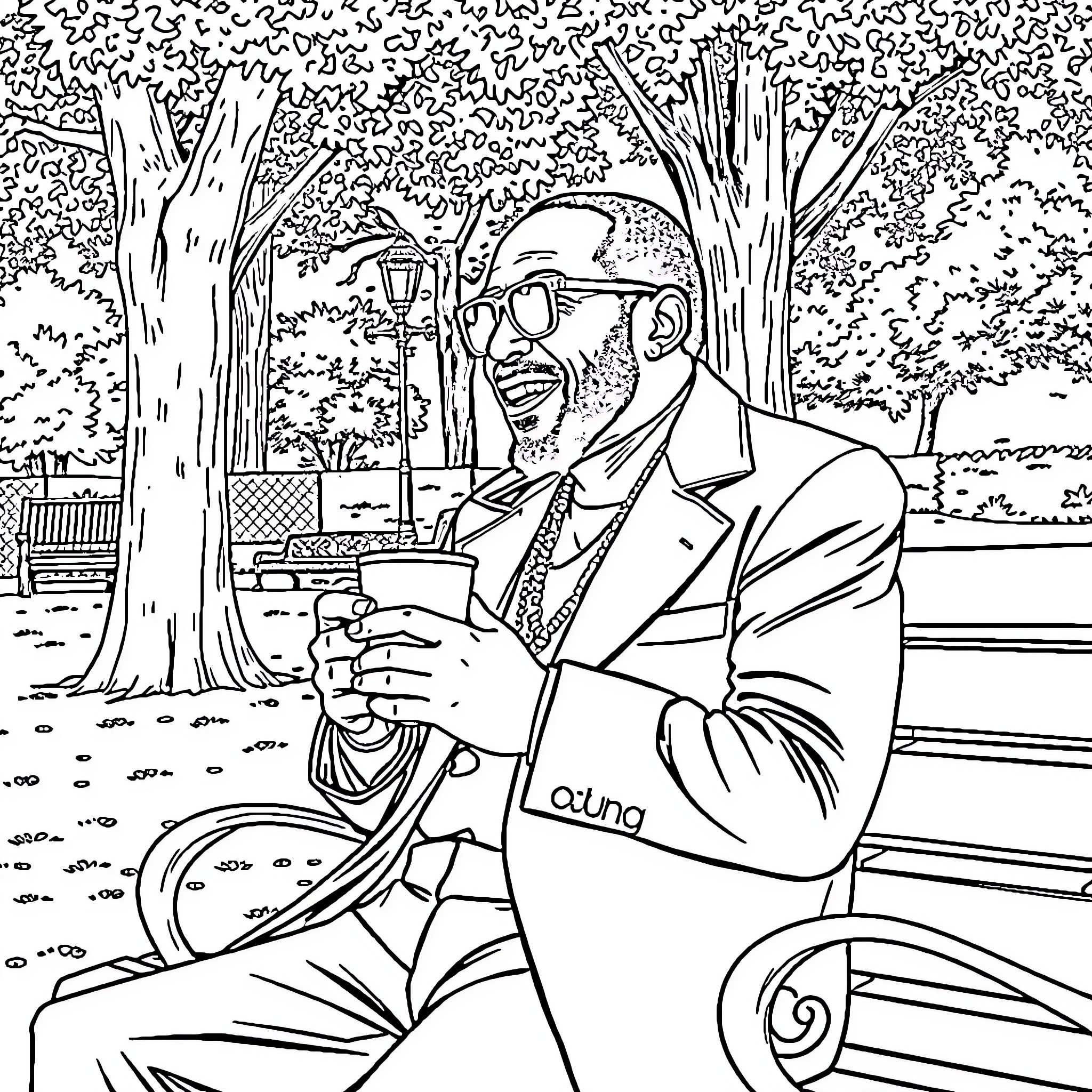 Stevie Wonder enjoying a moment of happiness in the park Coloring Page (free black-and-white line drawing printable PDF for all, from beginners to advanced learners, including children, teens, adults, and seniors)