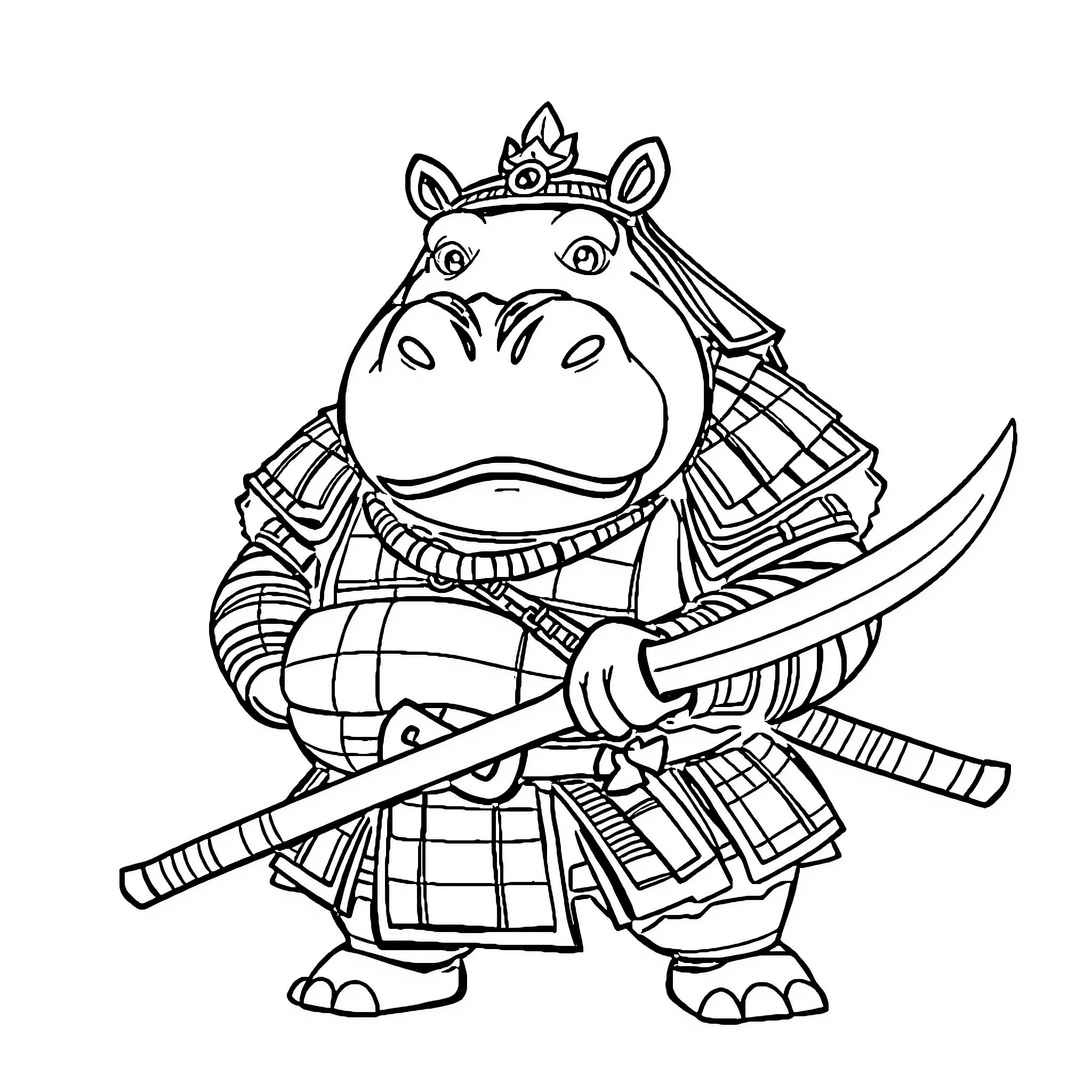 Hippo dressed as a samurai warrior Coloring Page (free black-and-white line drawing printable PDF for all, from beginners to advanced learners, including children, teens, adults, and seniors)
