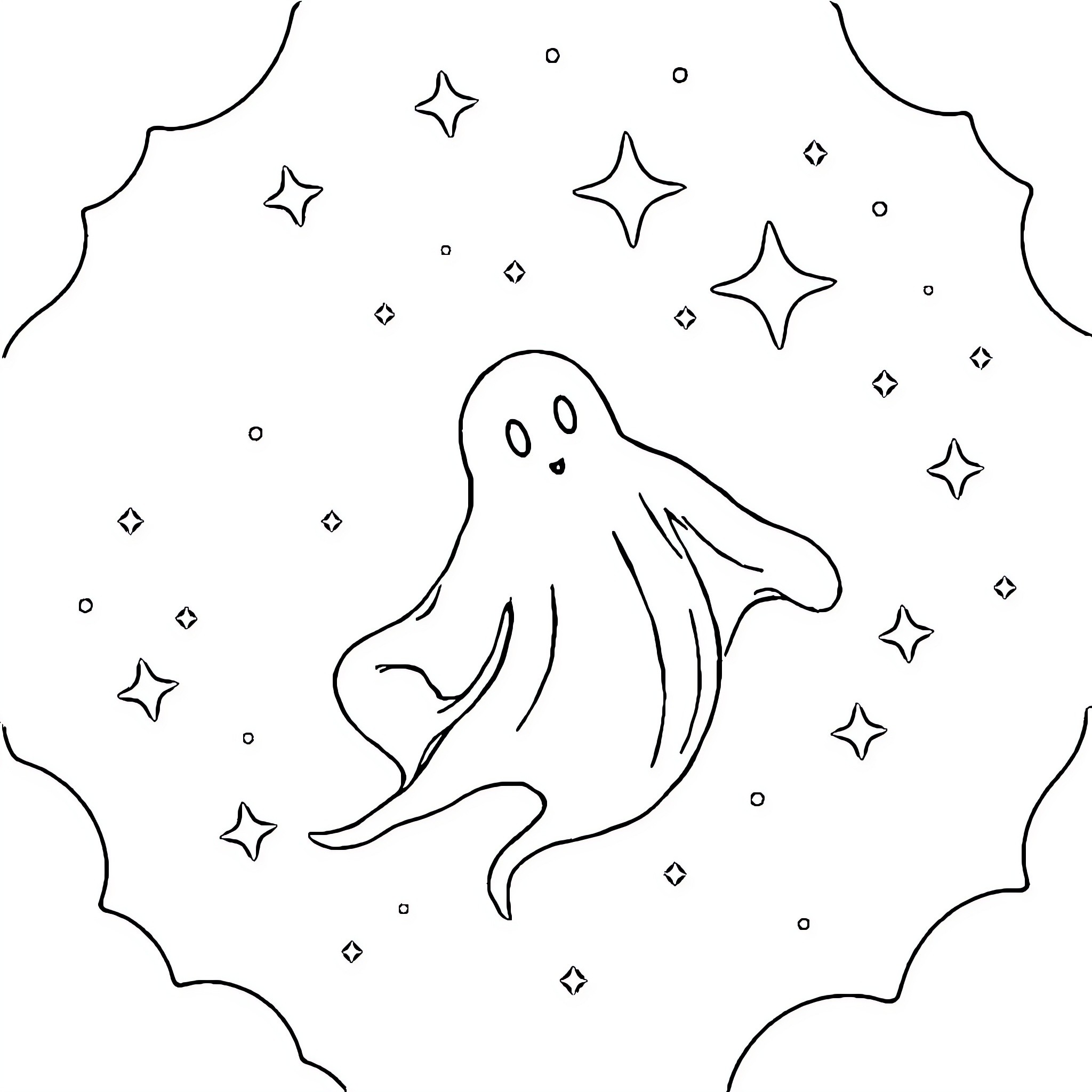 Ghost floating among the stars Coloring Page (free black-and-white line drawing printable PDF for all, from beginners to advanced learners, including children, teens, adults, and seniors)