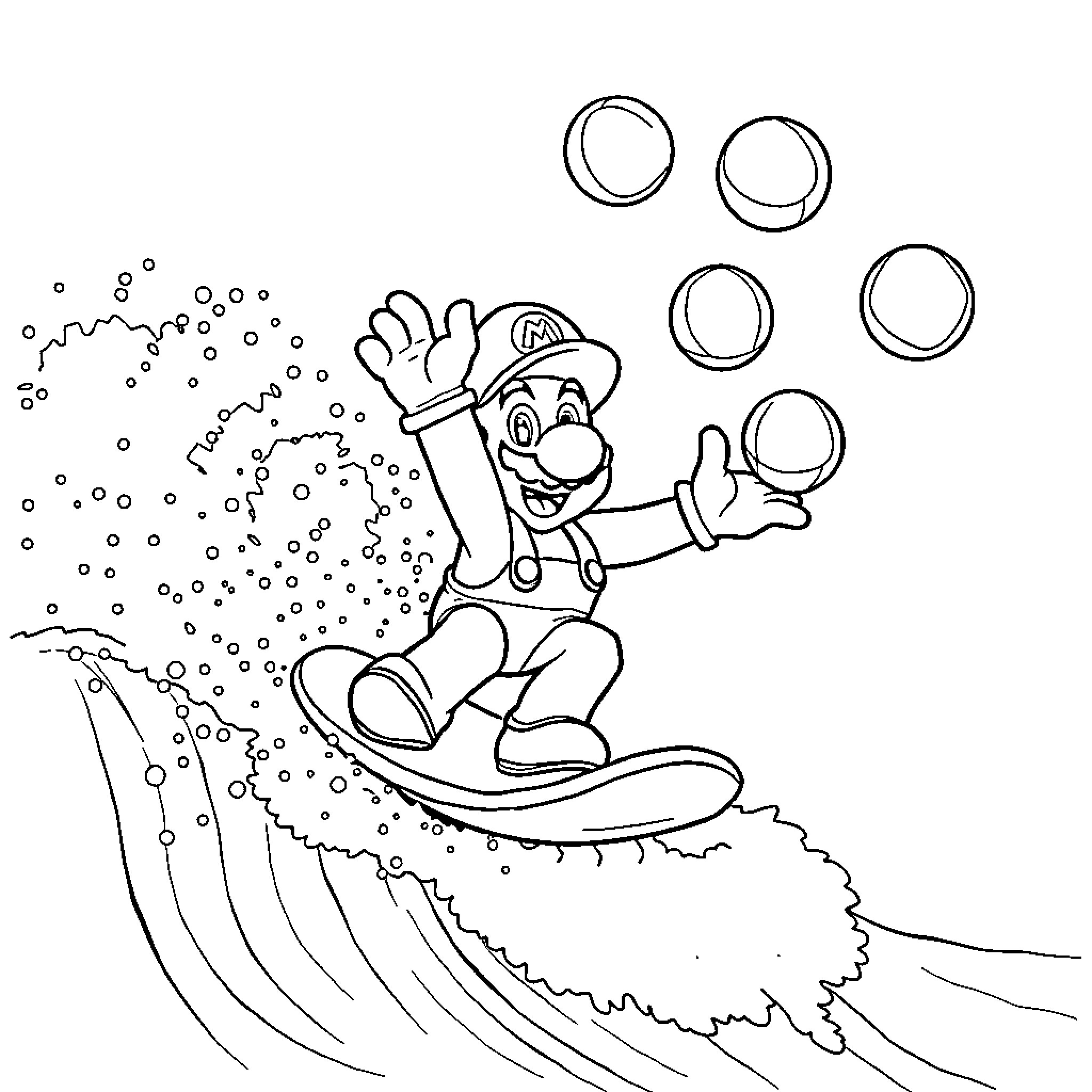 Super Mario Surfing with Bubbles Coloring Page (free black-and-white line drawing printable PDF for all, from beginners to advanced learners, including children, teens, adults, and seniors)