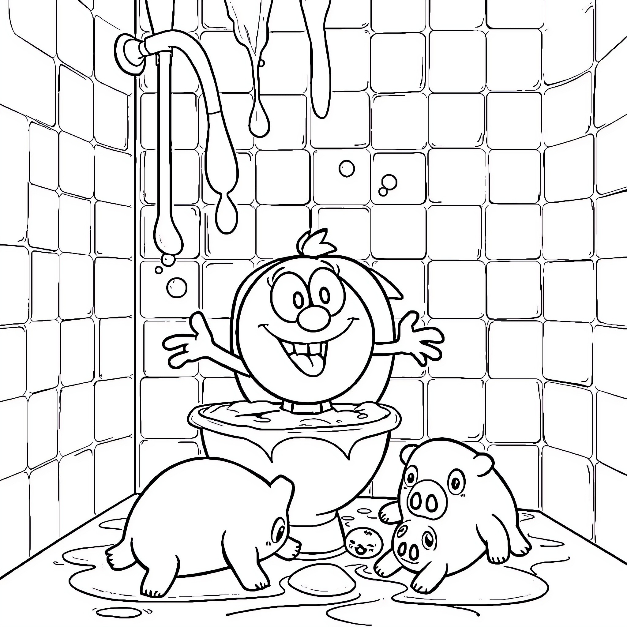 Bob Sponge playing with cute pets in bathroom Coloring Page (free black-and-white line drawing printable PDF for all, from beginners to advanced learners, including children, teens, adults, and seniors)