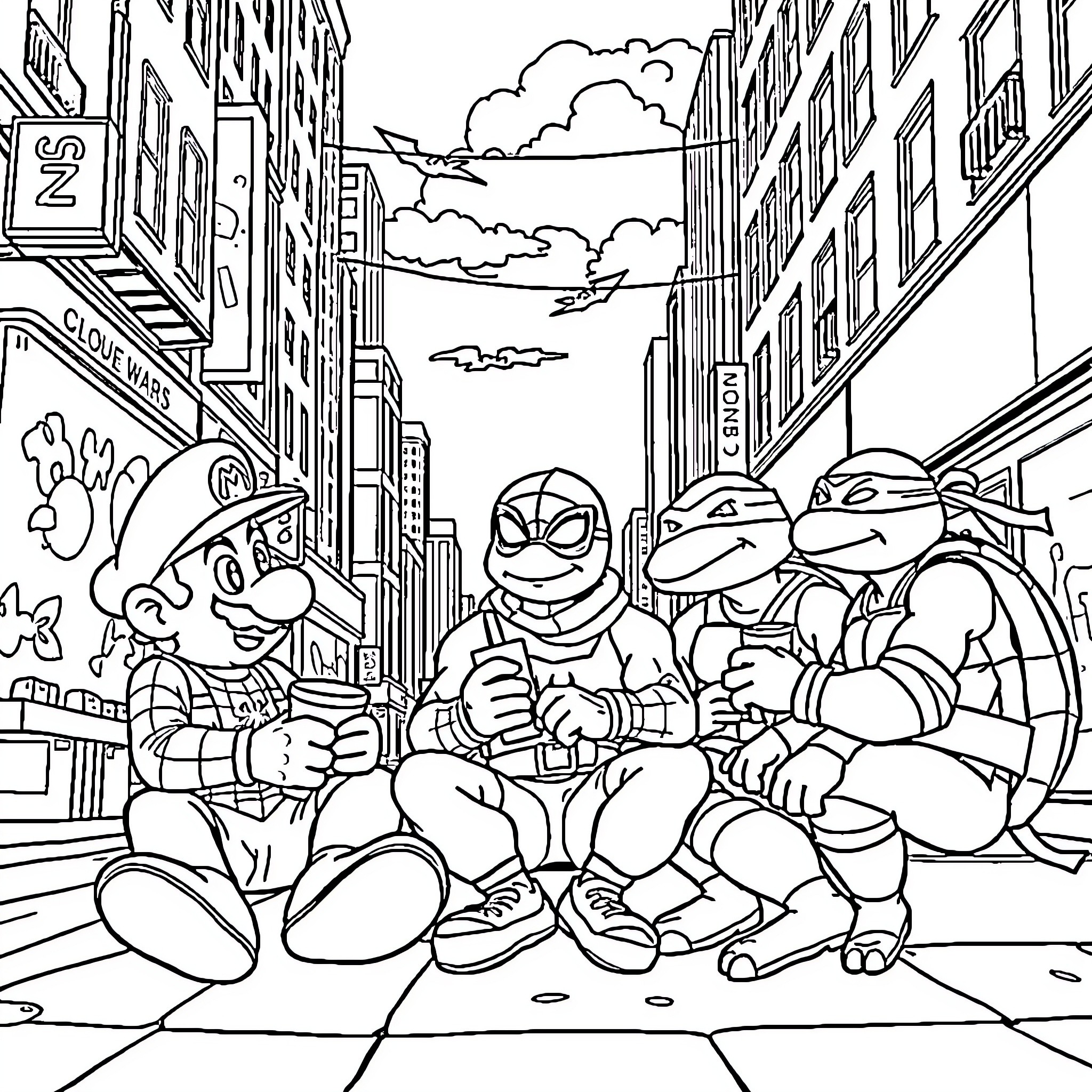 Character superheroes relaxing on city street Coloring Page (free black-and-white line drawing printable PDF for all, from beginners to advanced learners, including children, teens, adults, and seniors)