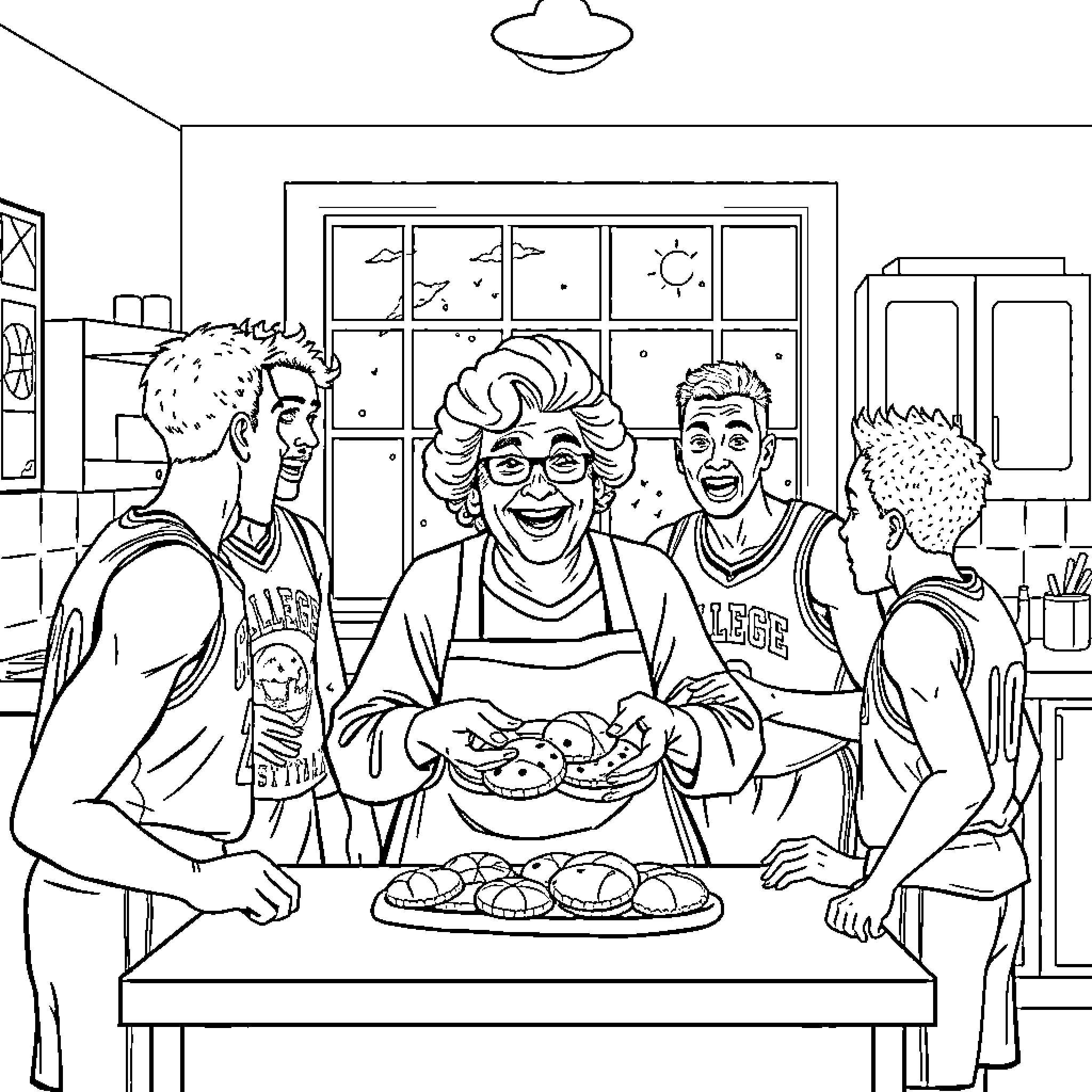 Granny Hosts a Cozy Family Gathering Coloring Page (free black-and-white line drawing printable PDF for all, from beginners to advanced learners, including children, teens, adults, and seniors)