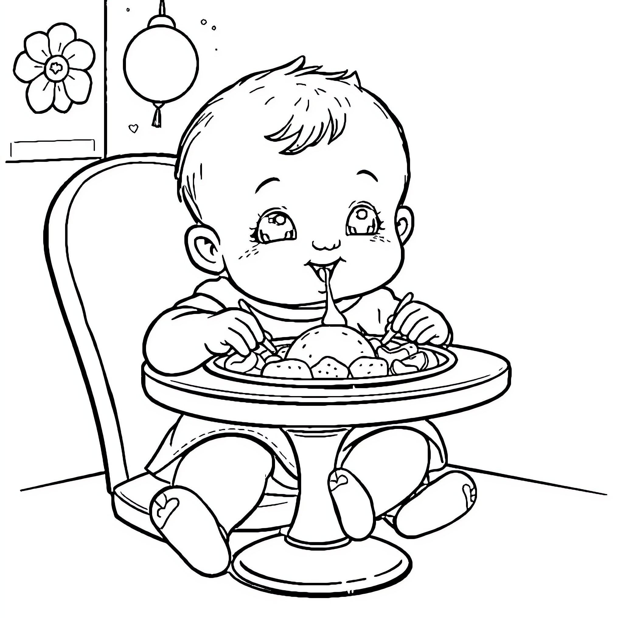 Bebe enjoying a tasty meal in cozy home Coloring Page (free black-and-white line drawing printable PDF for all, from beginners to advanced learners, including children, teens, adults, and seniors)