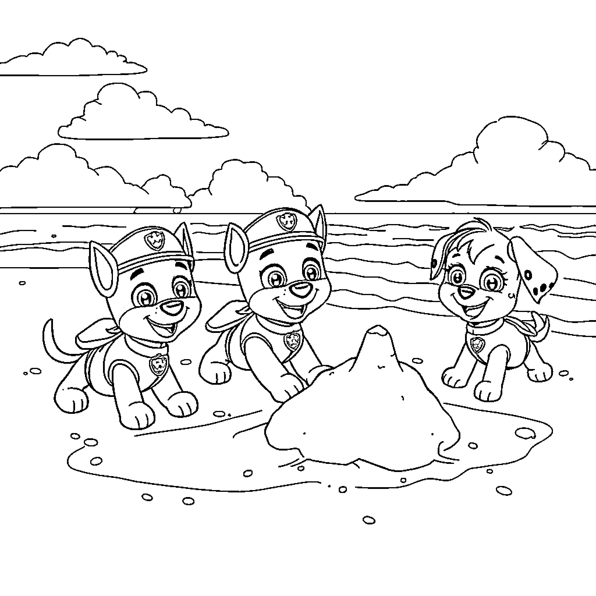 Paw Patrol Pups Play in Beach Sandbox Coloring Page (free black-and-white line drawing printable PDF for all, from beginners to advanced learners, including children, teens, adults, and seniors)