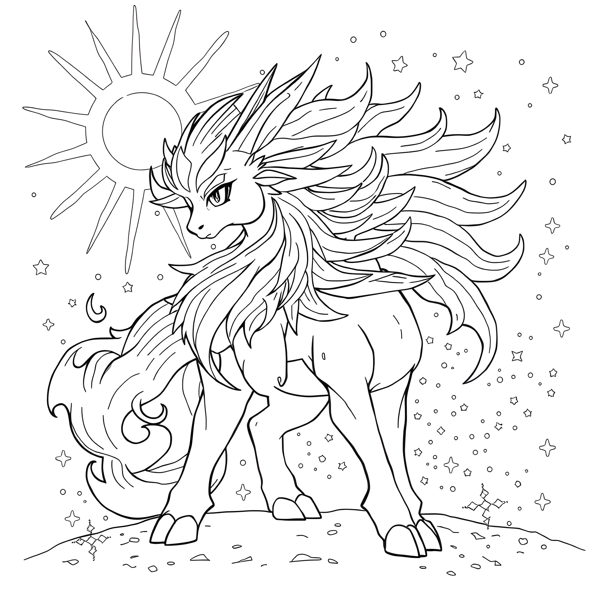 Solgaleo, the majestic celestial creature Coloring Page (free black-and-white line drawing printable PDF for all, from beginners to advanced learners, including children, teens, adults, and seniors)