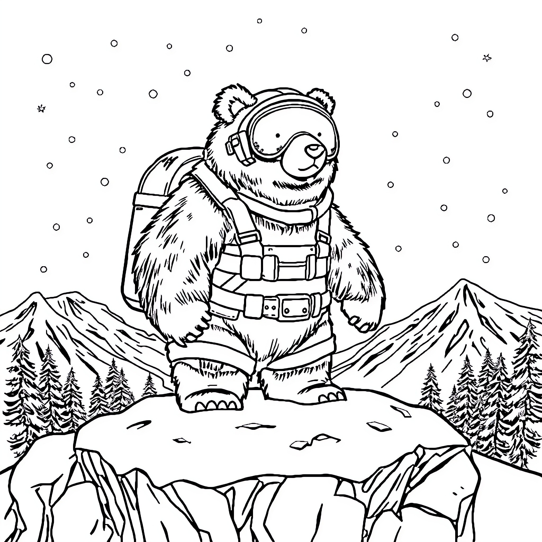 Bear exploring snowy wilderness with winter gear Coloring Page (free black-and-white line drawing printable PDF for all, from beginners to advanced learners, including children, teens, adults, and seniors)