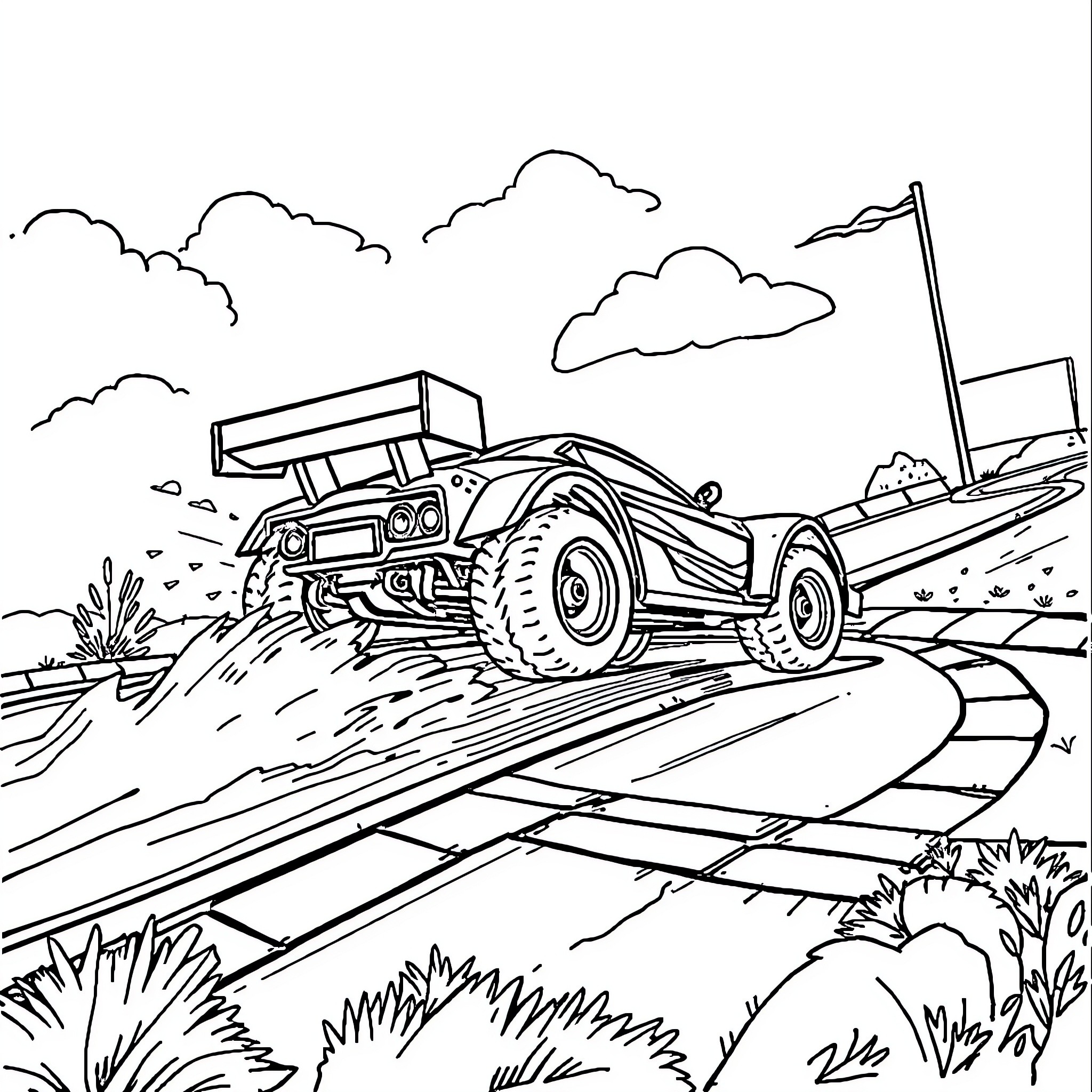 RC Car racing on a dirt track Coloring Page (free black-and-white line drawing printable PDF for all, from beginners to advanced learners, including children, teens, adults, and seniors)