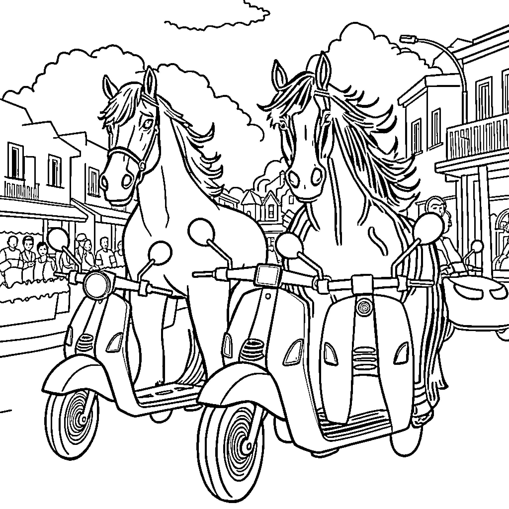 Horse-drawn Scooters Traverse Whimsical Street Scene Coloring Page (free black-and-white line drawing printable PDF for all, from beginners to advanced learners, including children, teens, adults, and seniors)