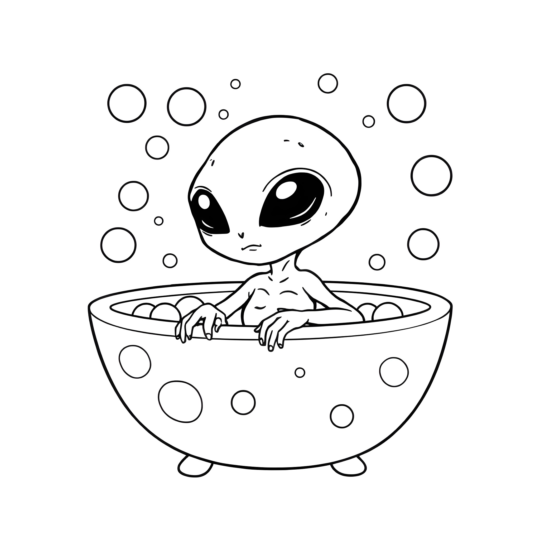 Alien peeks out from a floating bubble Coloring Page (free black-and-white line drawing printable PDF for all, from beginners to advanced learners, including children, teens, adults, and seniors)