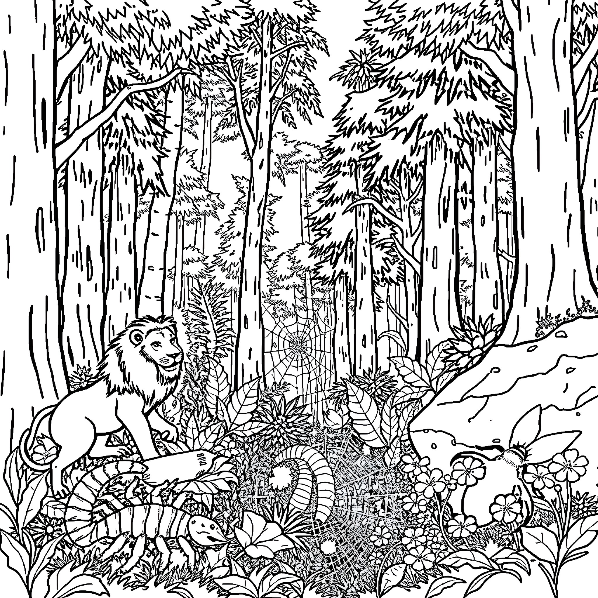Animal forest scene with lion and nature elements Coloring Page (free black-and-white line drawing printable PDF for all, from beginners to advanced learners, including children, teens, adults, and seniors)