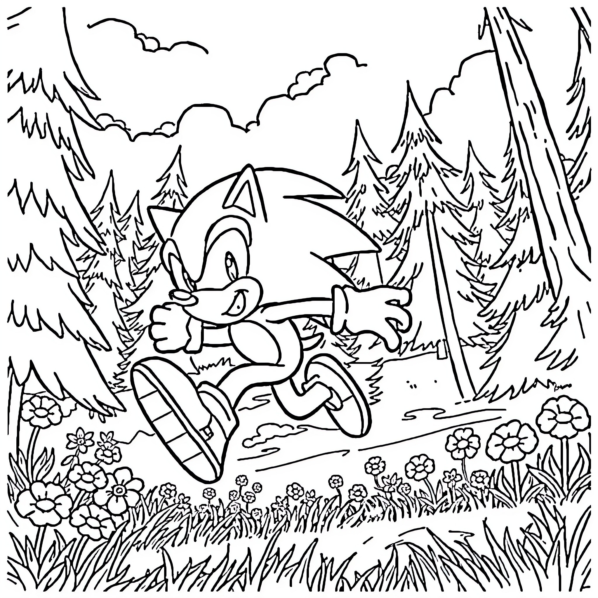 Sonic adventuring through the forest landscape Coloring Page (free black-and-white line drawing printable PDF for all, from beginners to advanced learners, including children, teens, adults, and seniors)