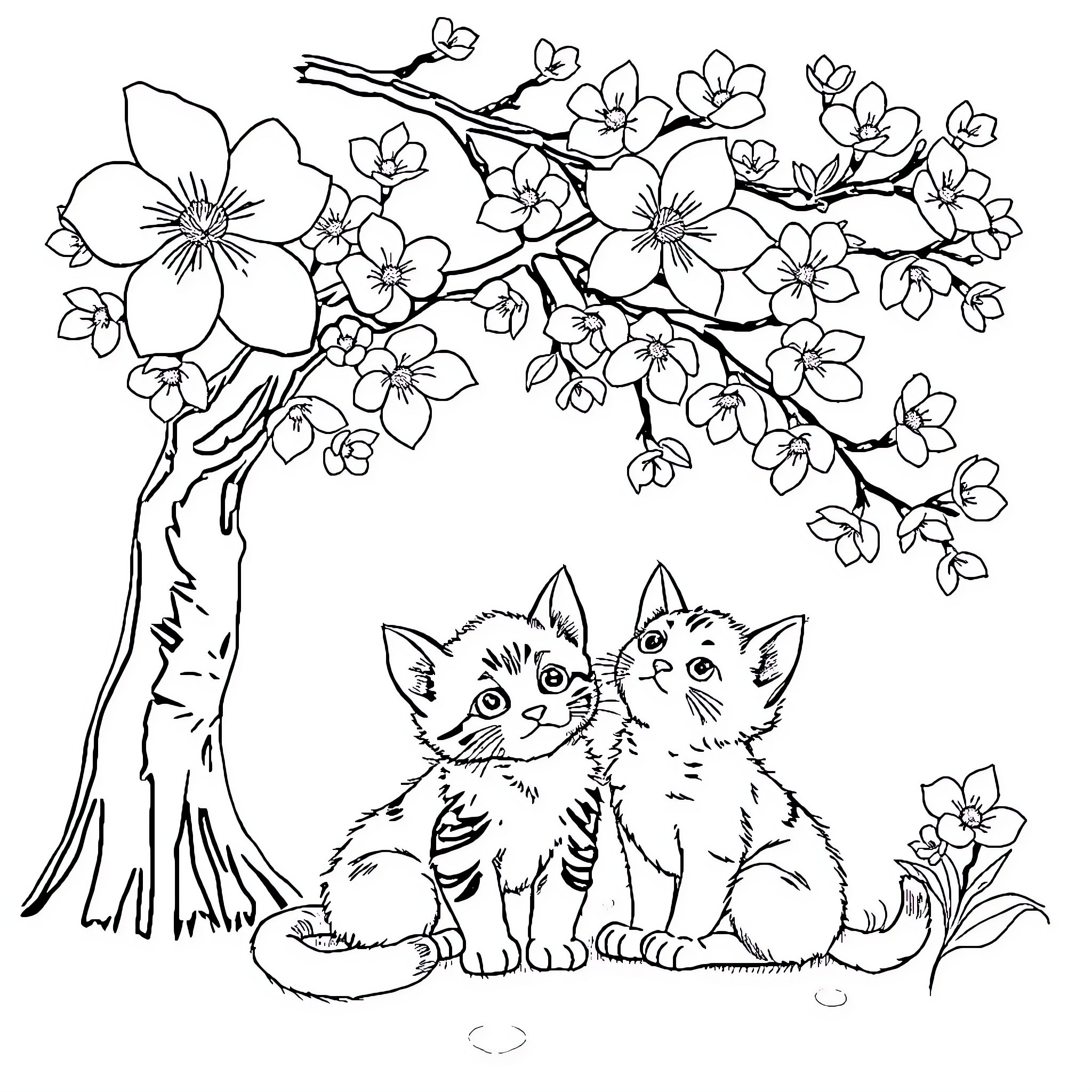 Kitten playing under cherry blossom tree Coloring Page (free black-and-white line drawing printable PDF for all, from beginners to advanced learners, including children, teens, adults, and seniors)
