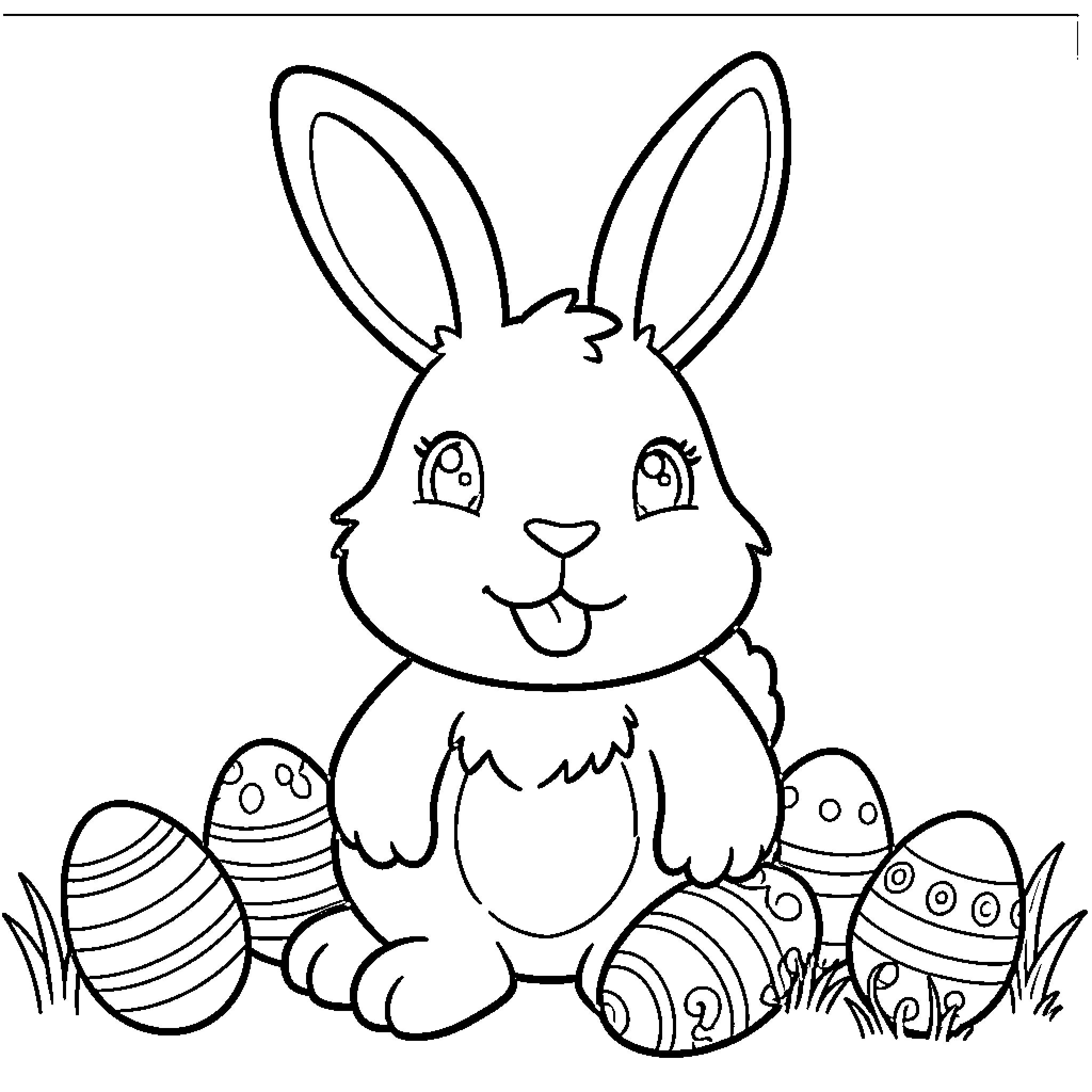 Easter Bunny with decorated eggs in the grass Coloring Page (free black-and-white line drawing printable PDF for all, from beginners to advanced learners, including children, teens, adults, and seniors)