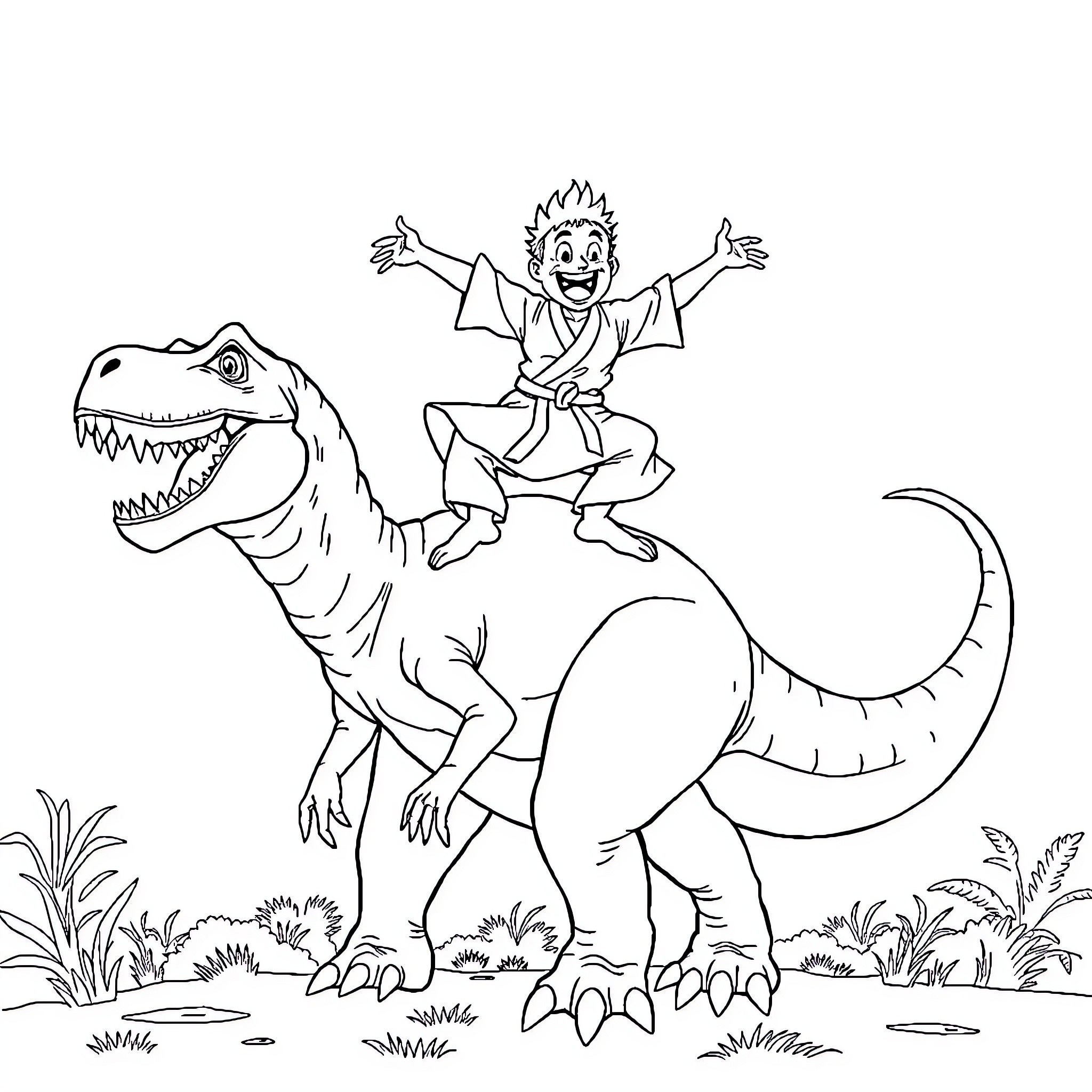 Sangoku riding a mighty dinosaur Coloring Page (free black-and-white line drawing printable PDF for all, from beginners to advanced learners, including children, teens, adults, and seniors)