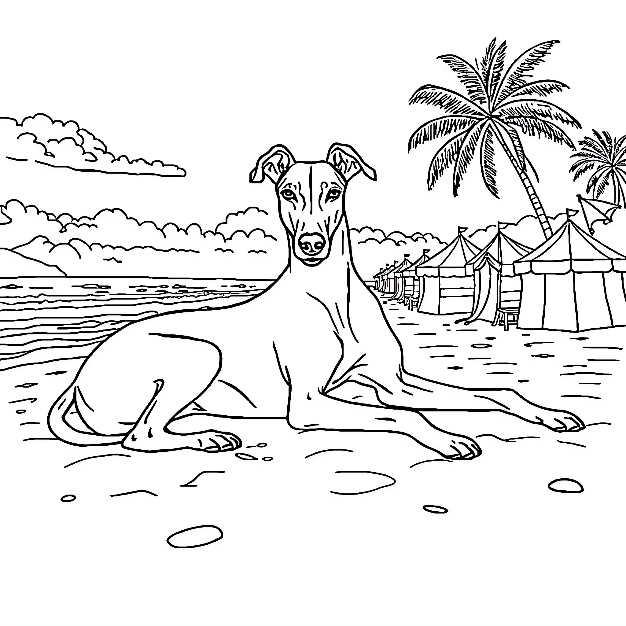Greyhound relaxing on tropical beach Coloring Page (free black-and-white line drawing printable PDF for all, from beginners to advanced learners, including children, teens, adults, and seniors)
