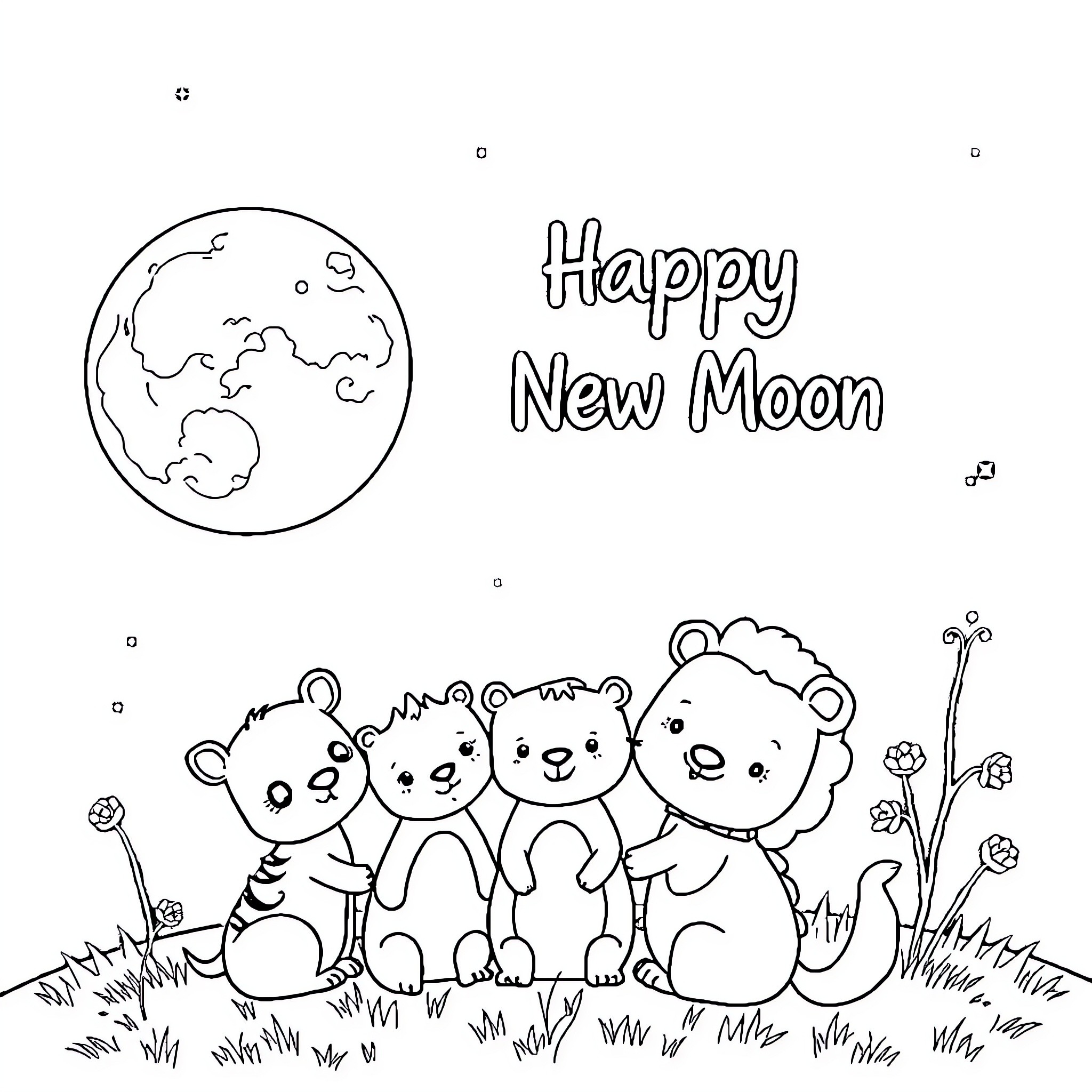 Animal friends celebrate Happy New Moon Coloring Page (free black-and-white line drawing printable PDF for all, from beginners to advanced learners, including children, teens, adults, and seniors)