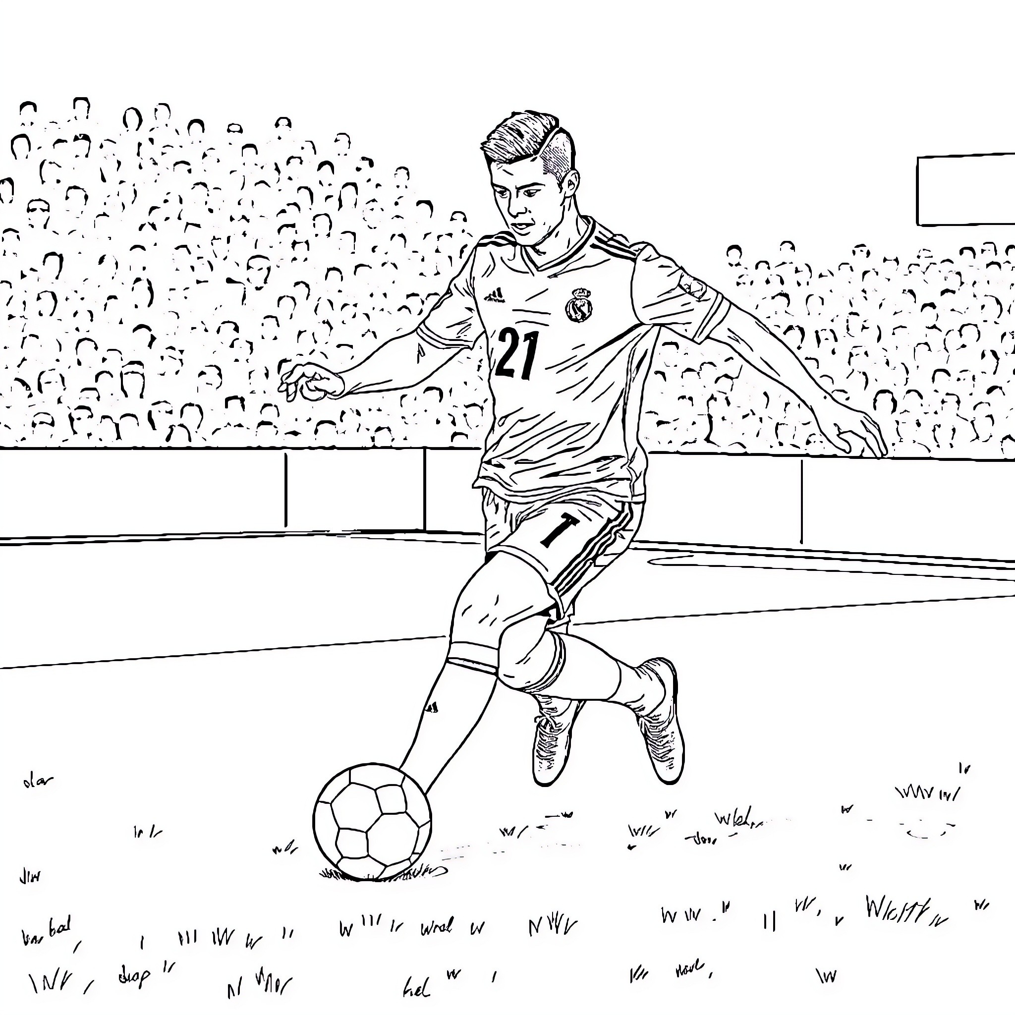 Ronaldo scoring a goal on the soccer field Coloring Page (free black-and-white line drawing printable PDF for all, from beginners to advanced learners, including children, teens, adults, and seniors)