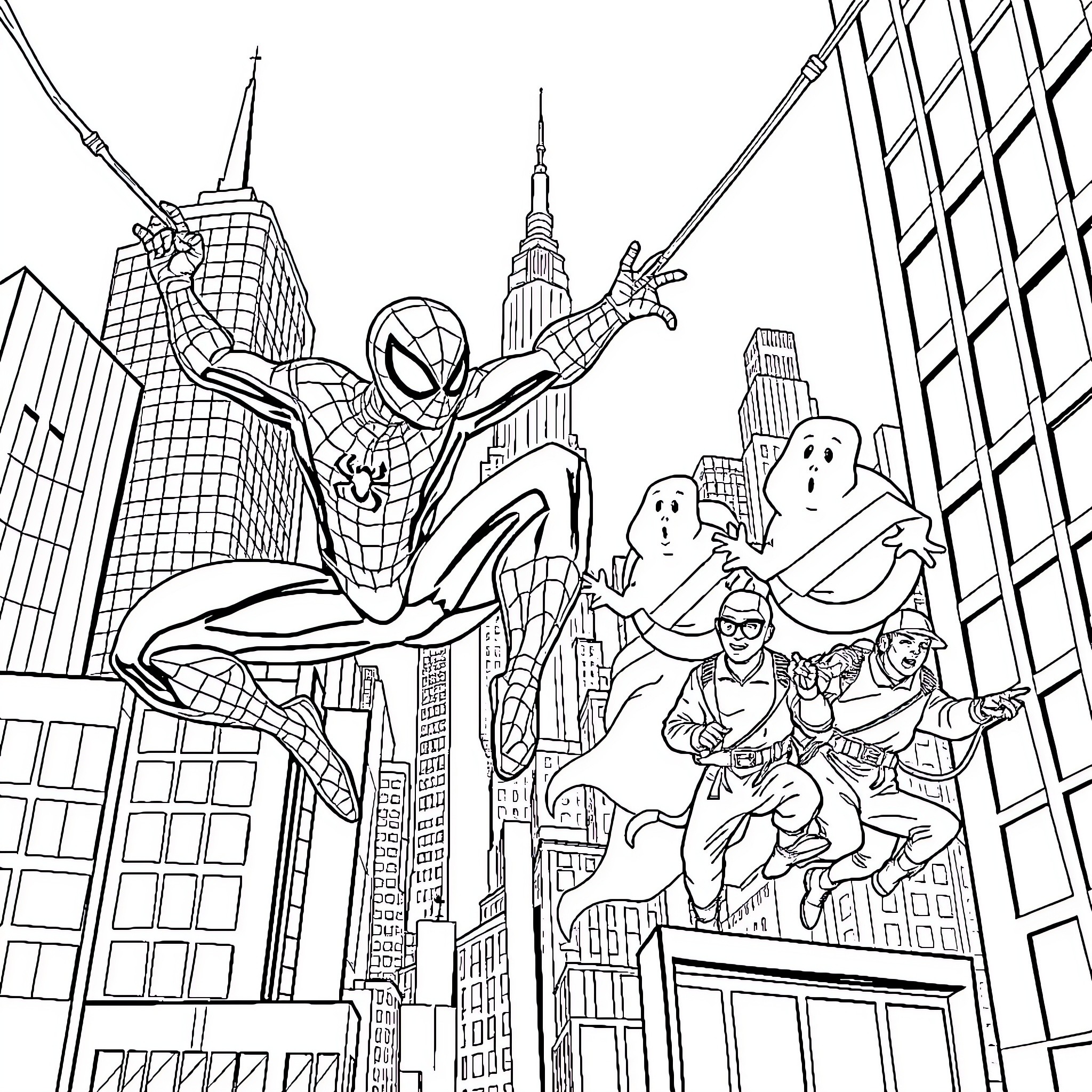 Spider-Man swinging through the city with other superheroes Coloring Page (free black-and-white line drawing printable PDF for all, from beginners to advanced learners, including children, teens, adults, and seniors)