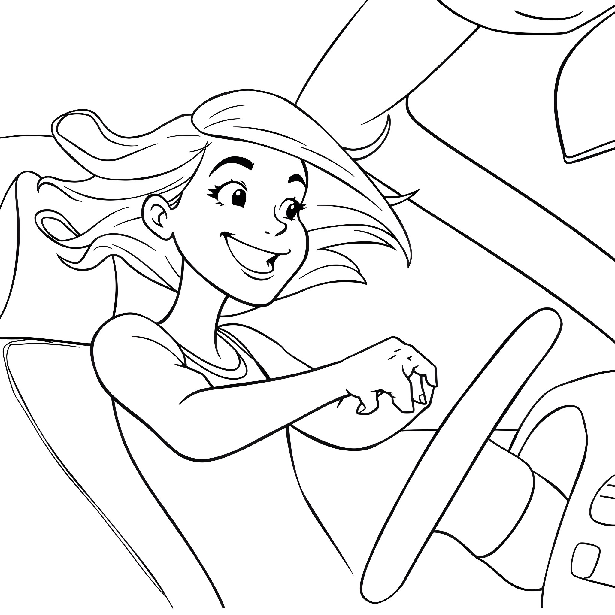Woman wearing hat driving a car happily Coloring Page (free black-and-white line drawing printable PDF for all, from beginners to advanced learners, including children, teens, adults, and seniors)