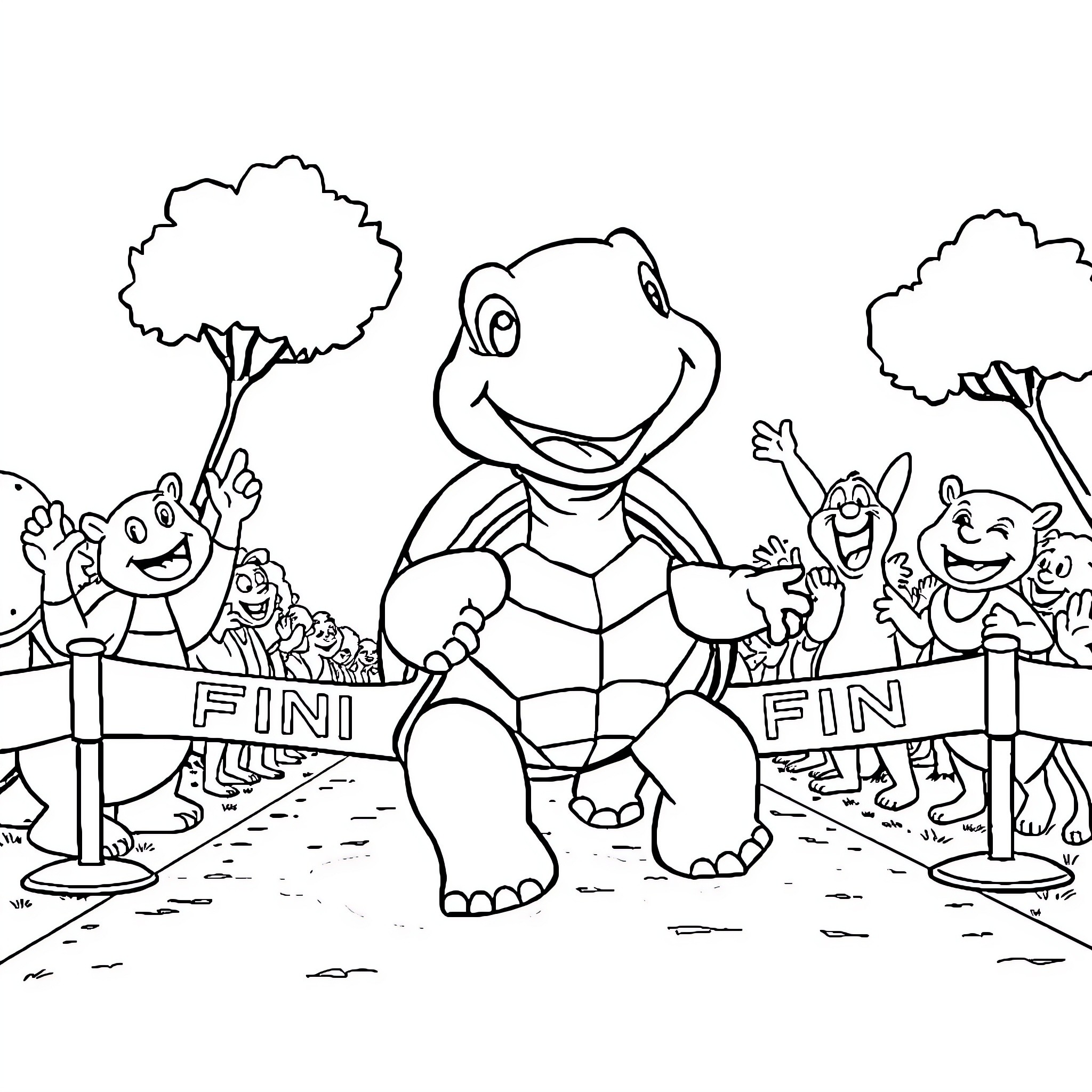 Tortoise having fun at the finish line Coloring Page (free black-and-white line drawing printable PDF for all, from beginners to advanced learners, including children, teens, adults, and seniors)