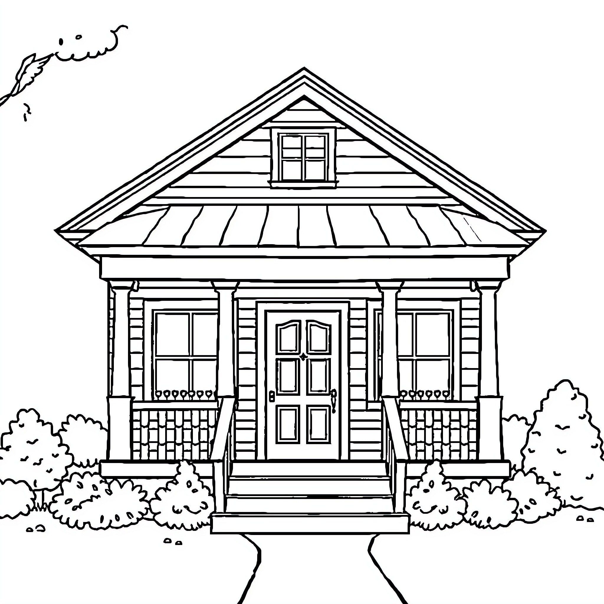 House with front porch and decorative roof Coloring Page (free black-and-white line drawing printable PDF for all, from beginners to advanced learners, including children, teens, adults, and seniors)