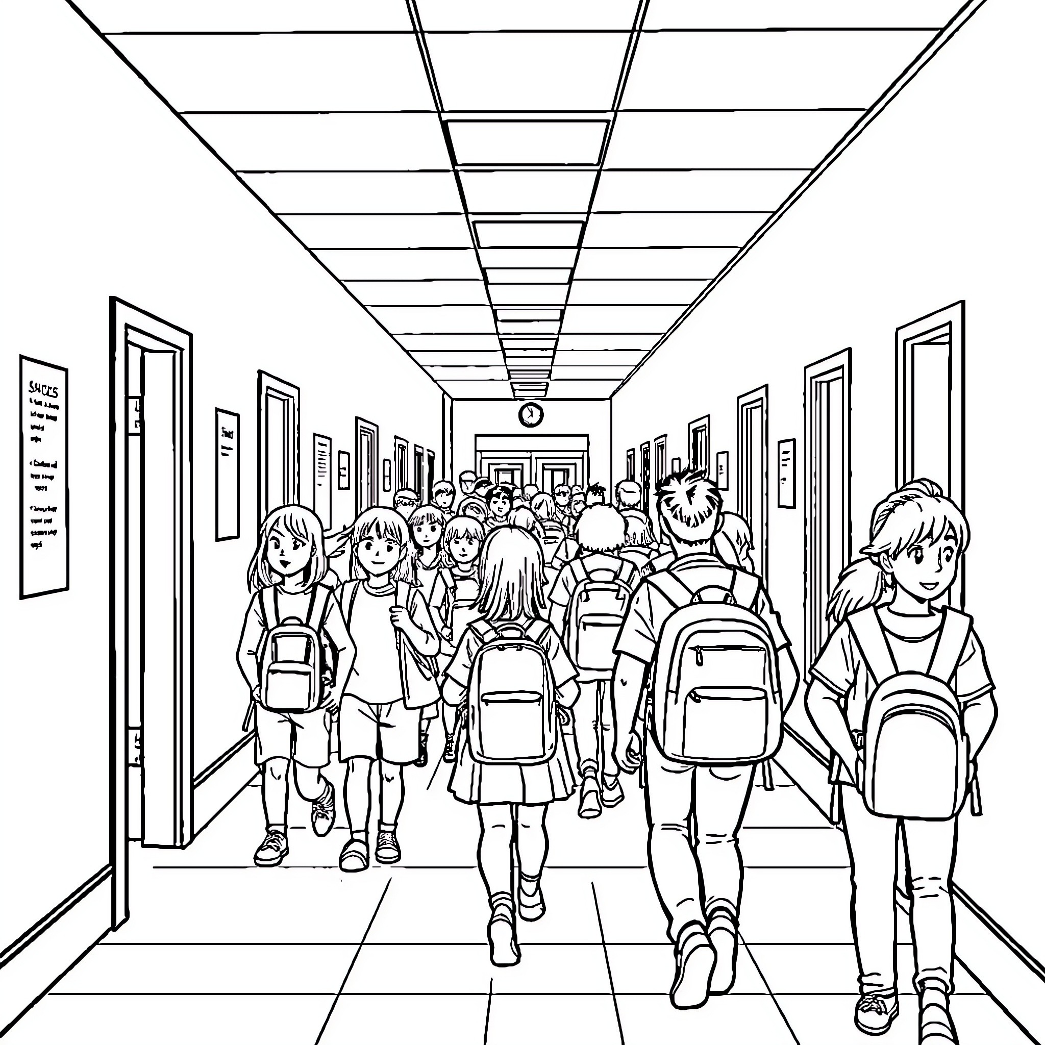 School Students Crowding the Hallway Coloring Page (free black-and-white line drawing printable PDF for all, from beginners to advanced learners, including children, teens, adults, and seniors)