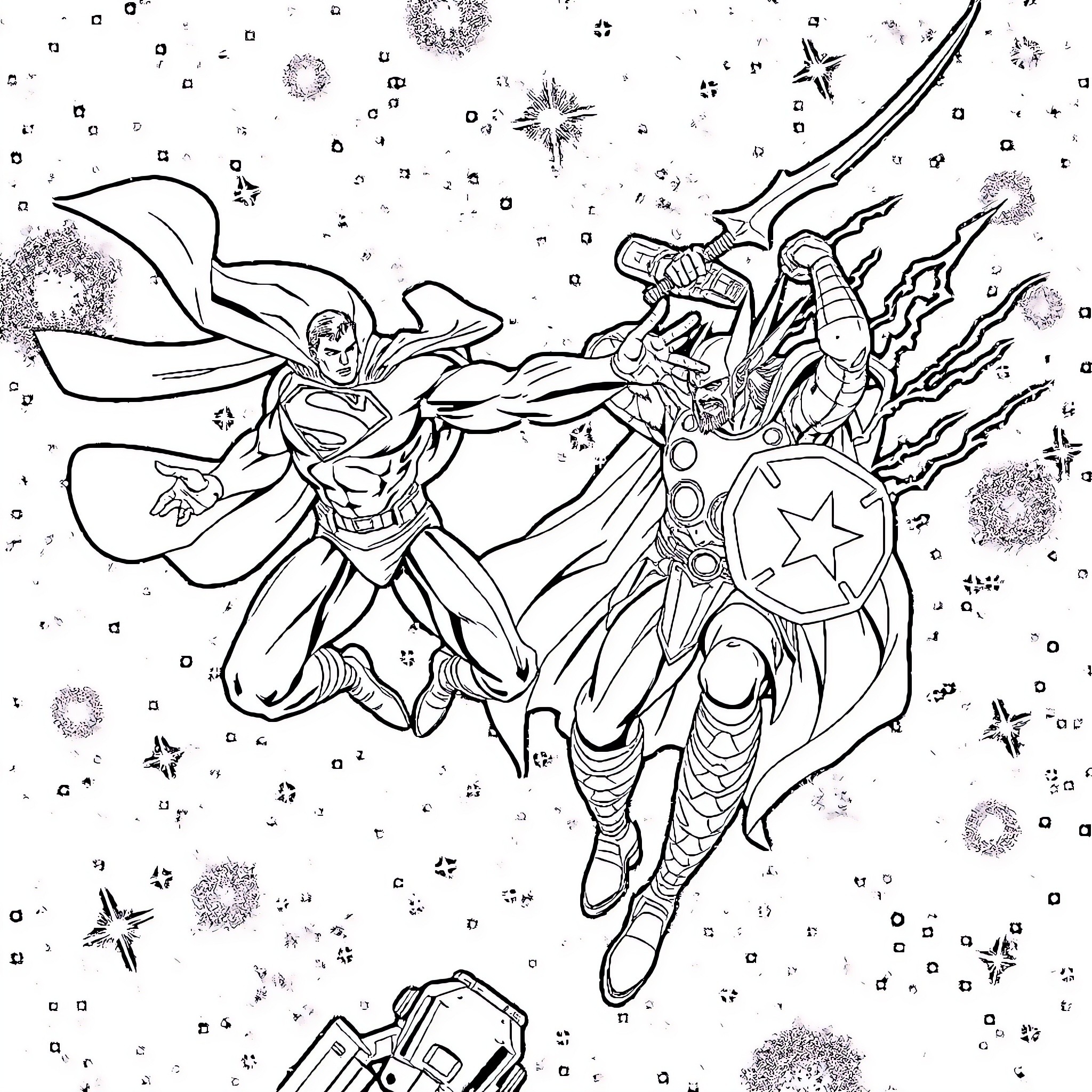 Superman's Heroic Cosmic Encounter Coloring Page (free black-and-white line drawing printable PDF for all, from beginners to advanced learners, including children, teens, adults, and seniors)