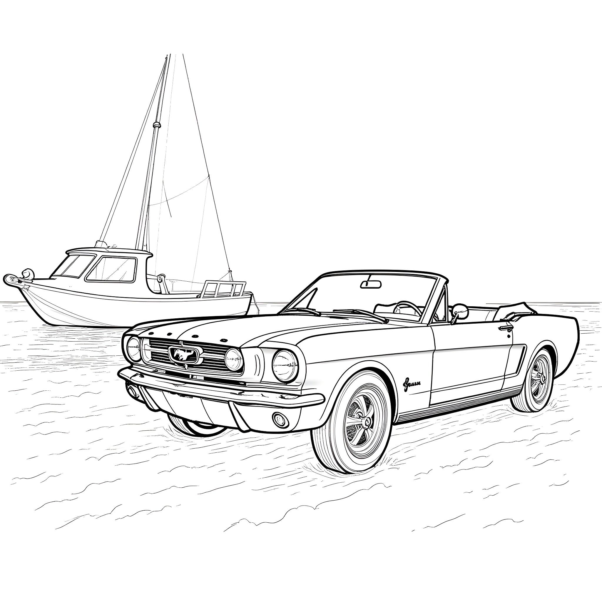 Convertible Mustang cruising with sailboat in the background Coloring Page (free black-and-white line drawing printable PDF for all, from beginners to advanced learners, including children, teens, adults, and seniors)