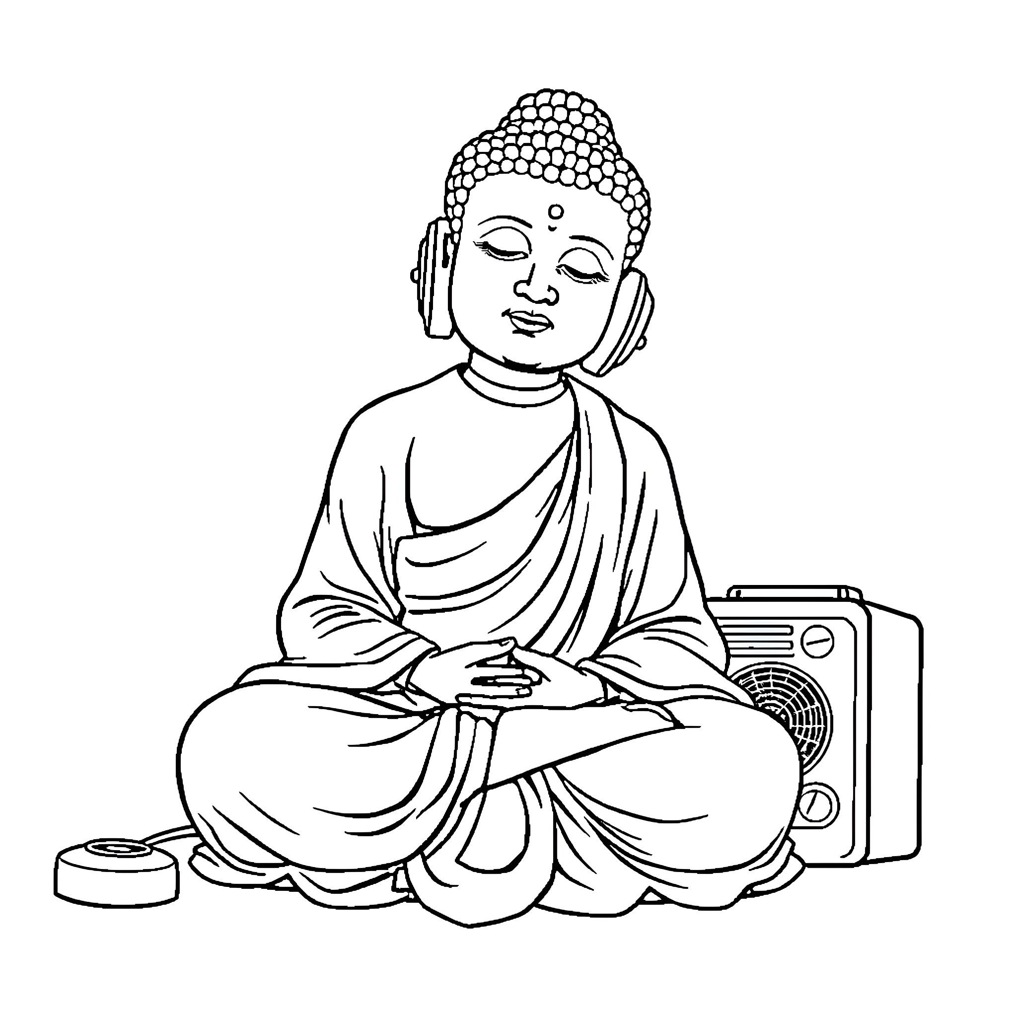 Buddha meditating peacefully with radio Coloring Page (free black-and-white line drawing printable PDF for all, from beginners to advanced learners, including children, teens, adults, and seniors)