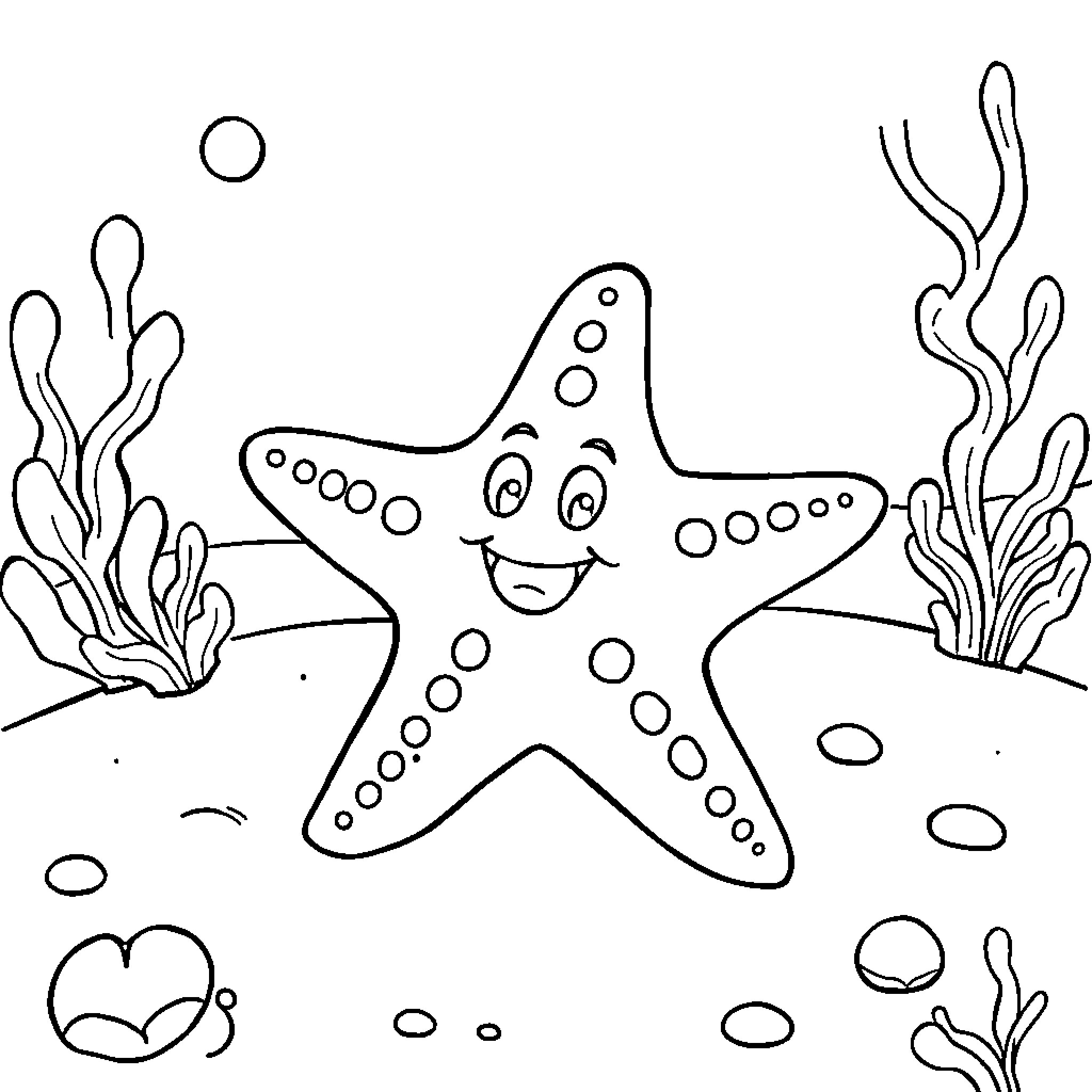 Patrick the Smiling Starfish Under the Sea Coloring Page (free black-and-white line drawing printable PDF for all, from beginners to advanced learners, including children, teens, adults, and seniors)