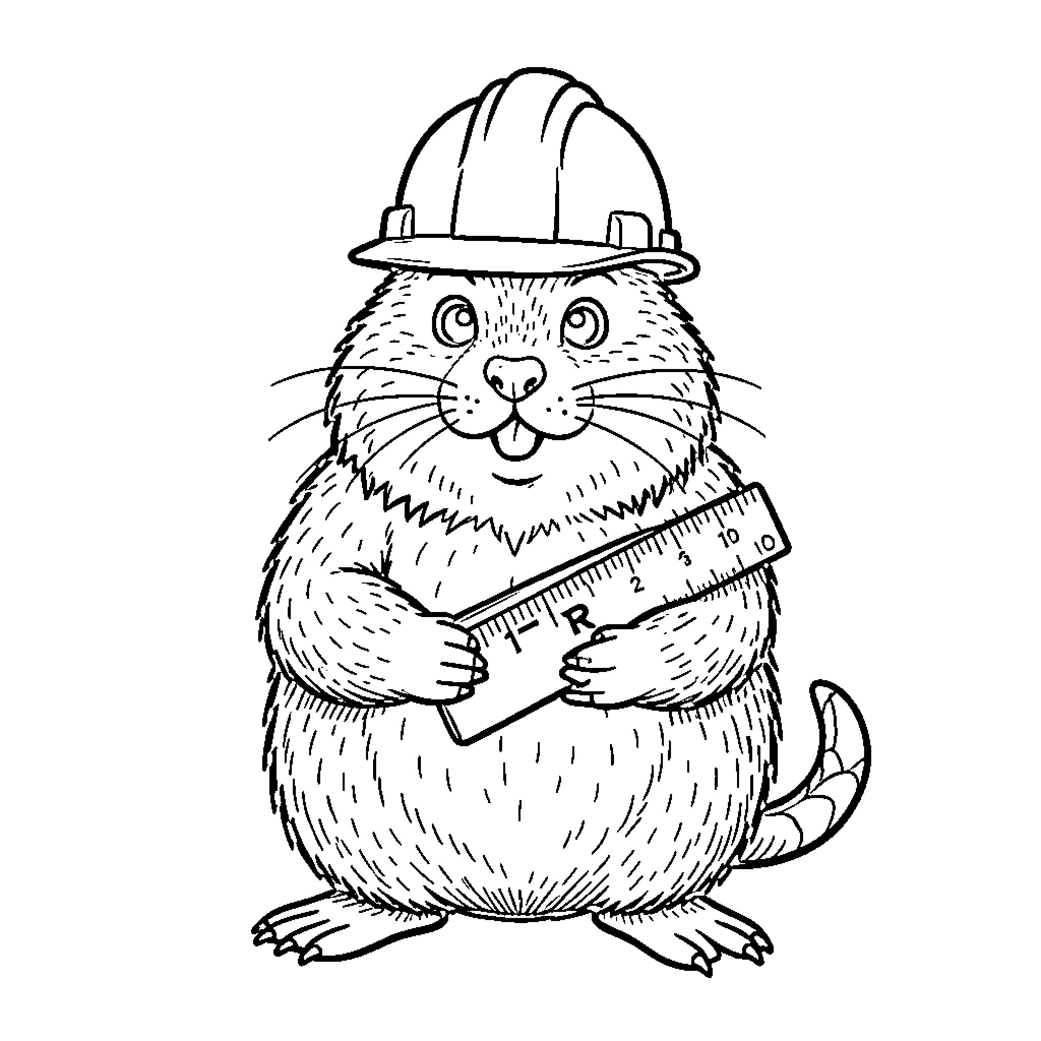 Beaver wearing a hard hat and holding a ruler Coloring Page (free black-and-white line drawing printable PDF for all, from beginners to advanced learners, including children, teens, adults, and seniors)