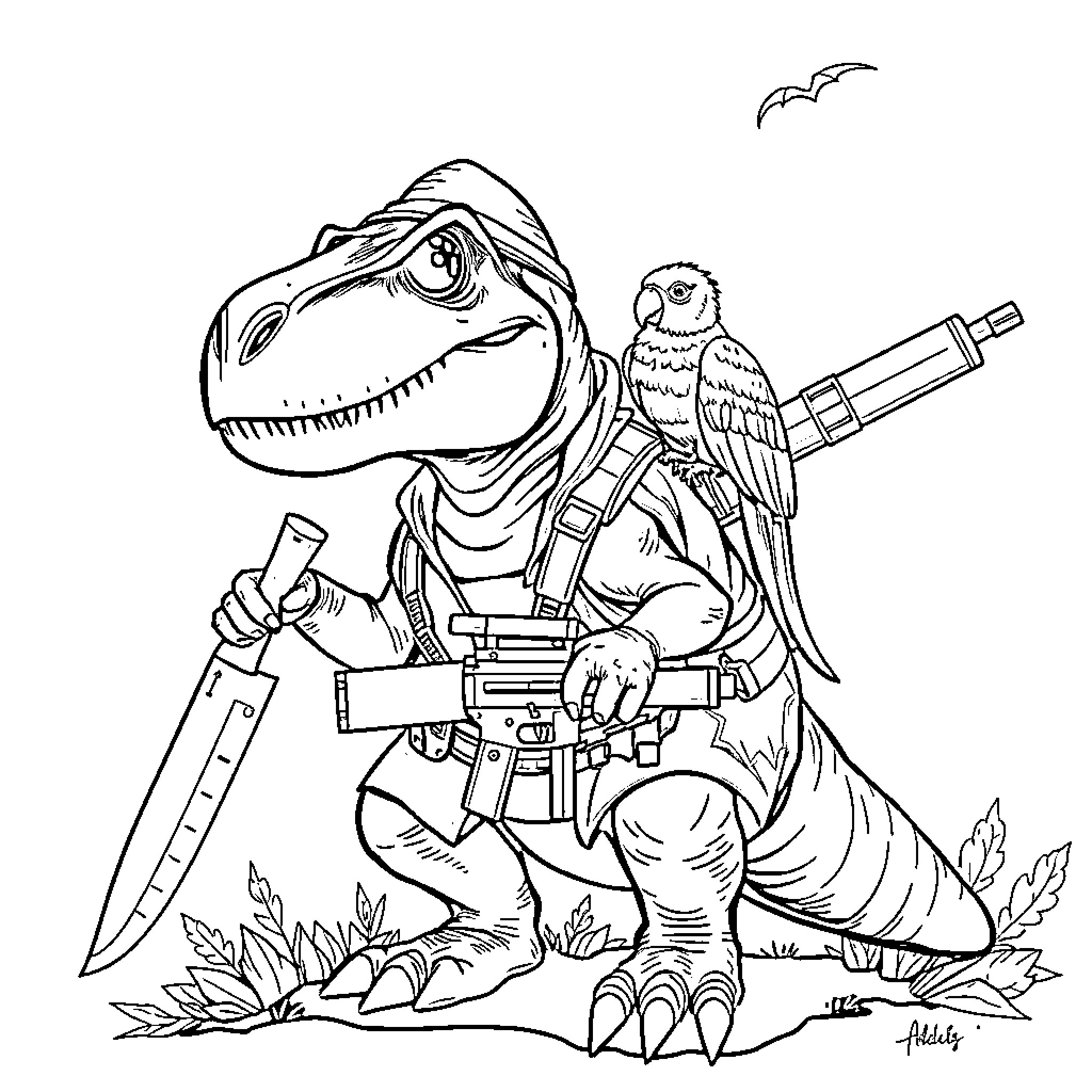 T-Rex adventurer with parrot companion Coloring Page (free black-and-white line drawing printable PDF for all, from beginners to advanced learners, including children, teens, adults, and seniors)