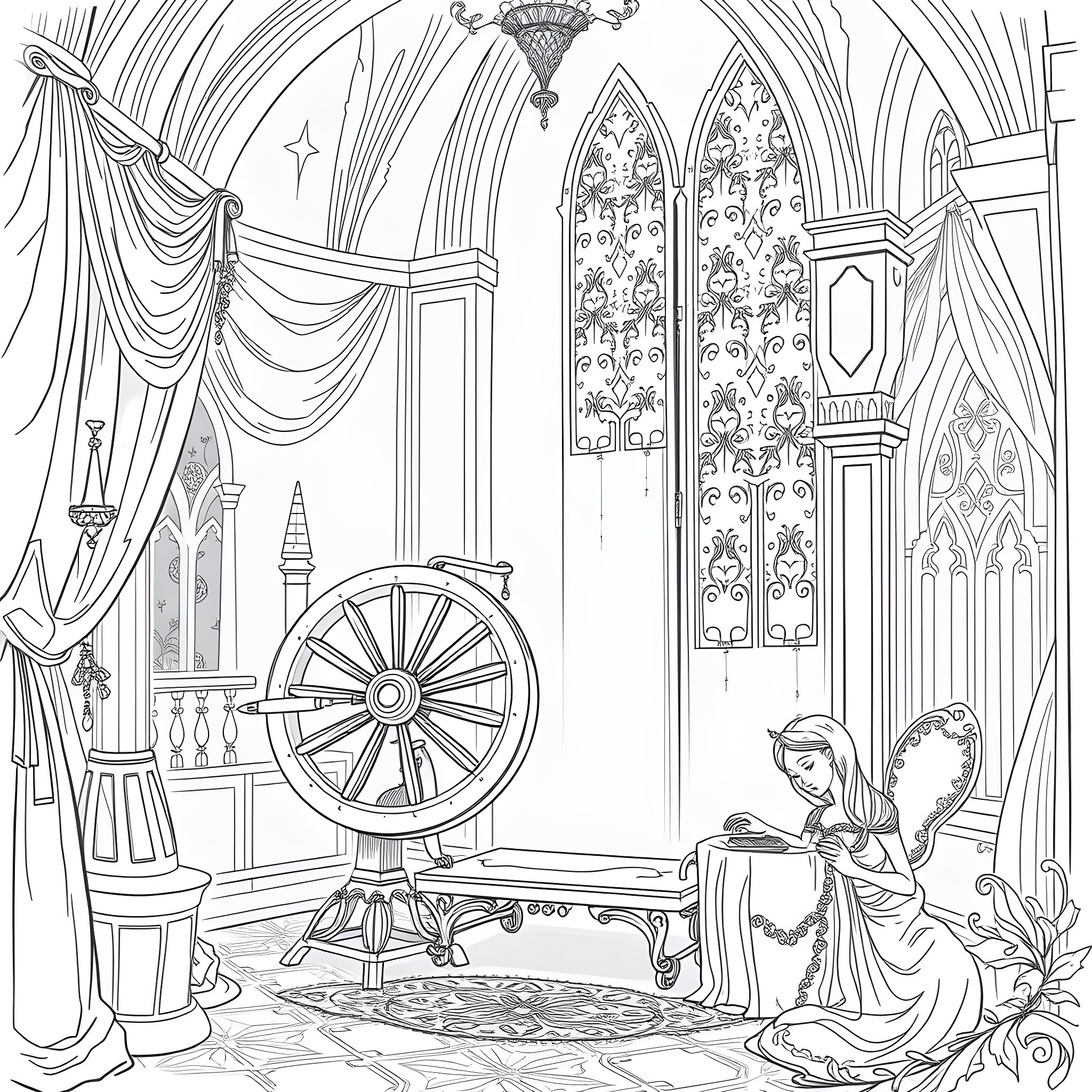 Sleeping Beauty resting in a grand, ornate castle chamber Coloring Page (free black-and-white line drawing printable PDF for all, from beginners to advanced learners, including children, teens, adults, and seniors)