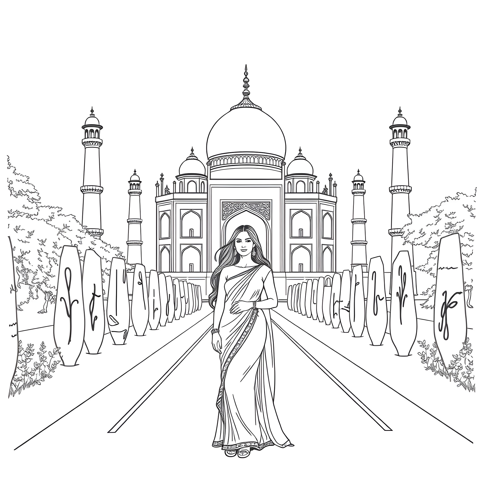 Shakira posing elegantly in front of the Taj Mahal Coloring Page (free black-and-white line drawing printable PDF for all, from beginners to advanced learners, including children, teens, adults, and seniors)