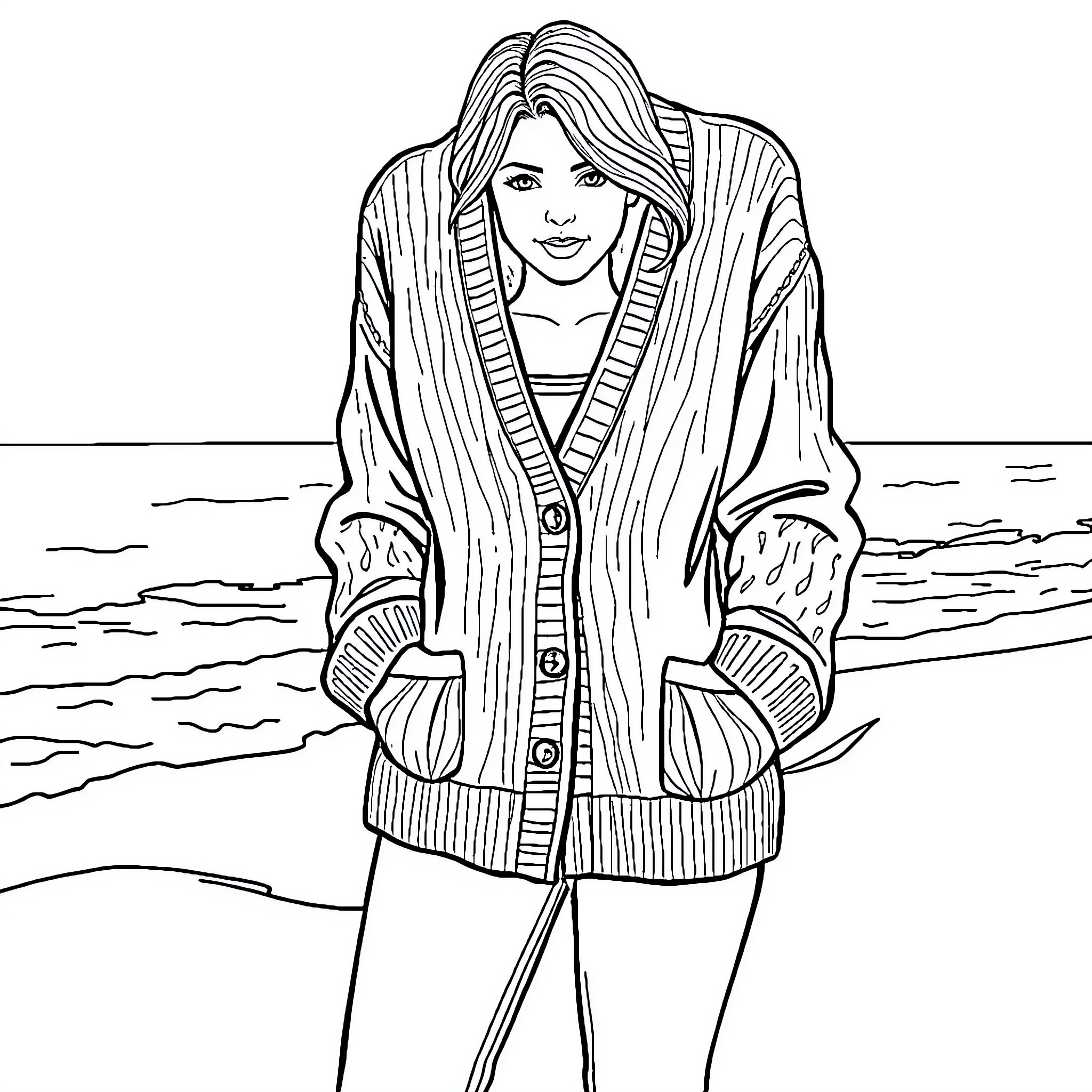 Woman in cozy sweater by the sea Coloring Page (free black-and-white line drawing printable PDF for all, from beginners to advanced learners, including children, teens, adults, and seniors)