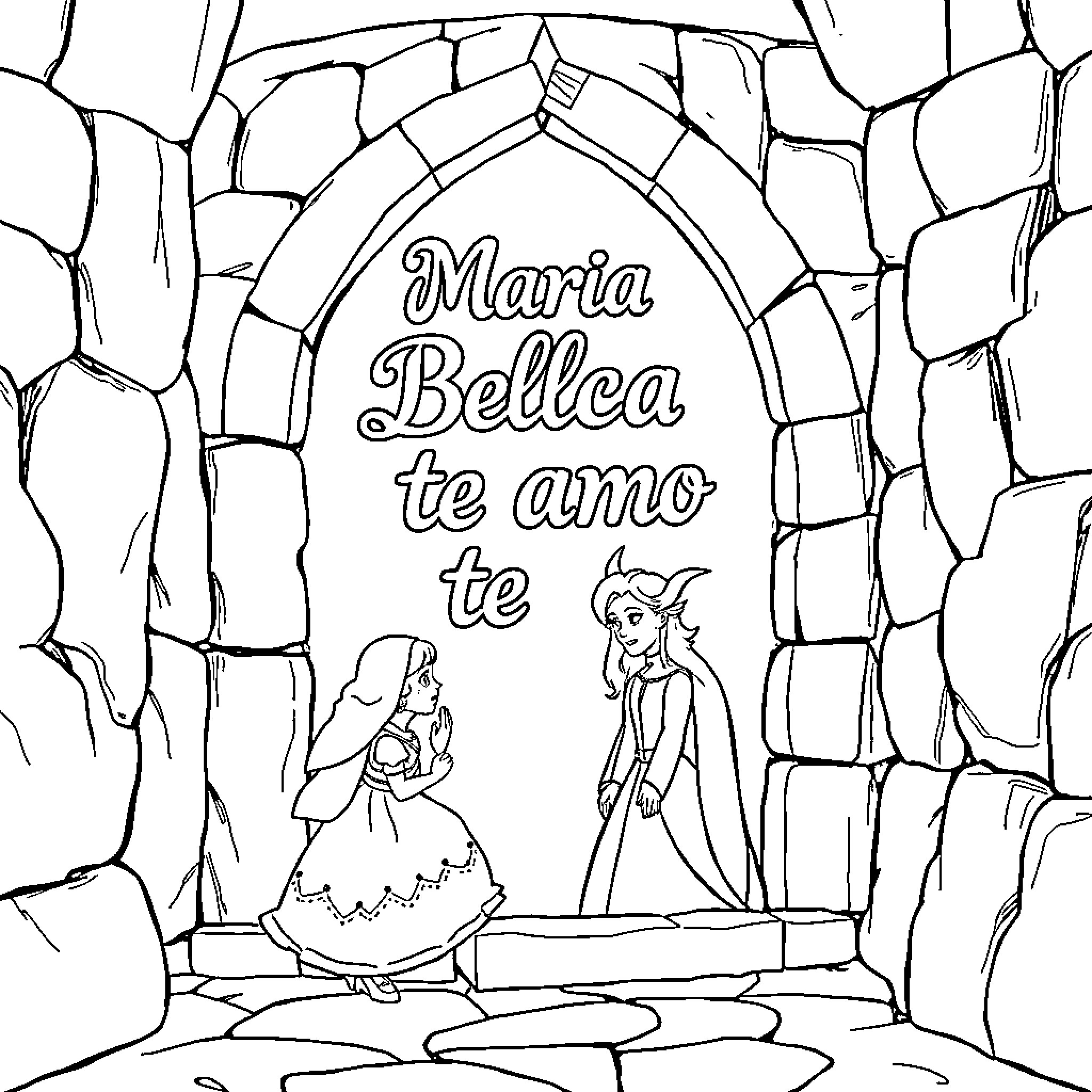 Beauty And The Beast in an Enchanted Castle Coloring Page (free black-and-white line drawing printable PDF for all, from beginners to advanced learners, including children, teens, adults, and seniors)