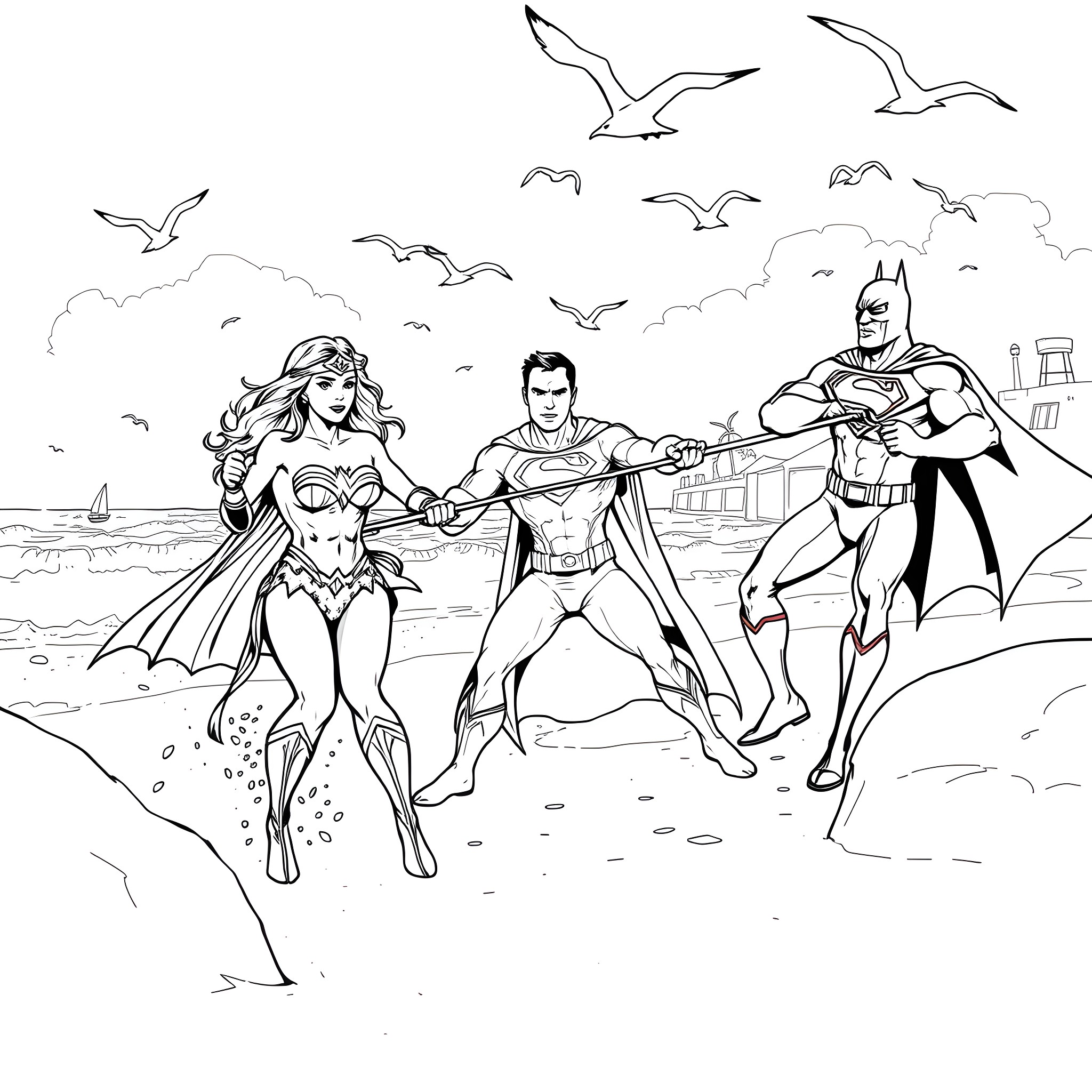 Wonder Woman, Superman, and Batman fighting together on the beach Coloring Page (free black-and-white line drawing printable PDF for all, from beginners to advanced learners, including children, teens, adults, and seniors)