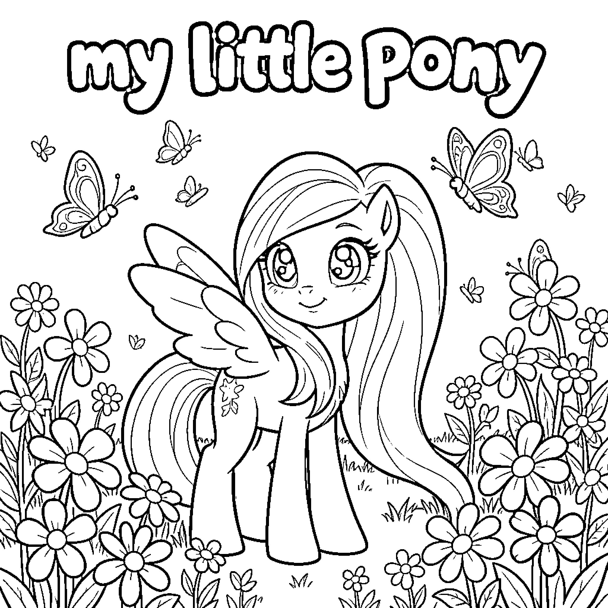 Pony in a floral fantasy landscape Coloring Page (free black-and-white line drawing printable PDF for all, from beginners to advanced learners, including children, teens, adults, and seniors)