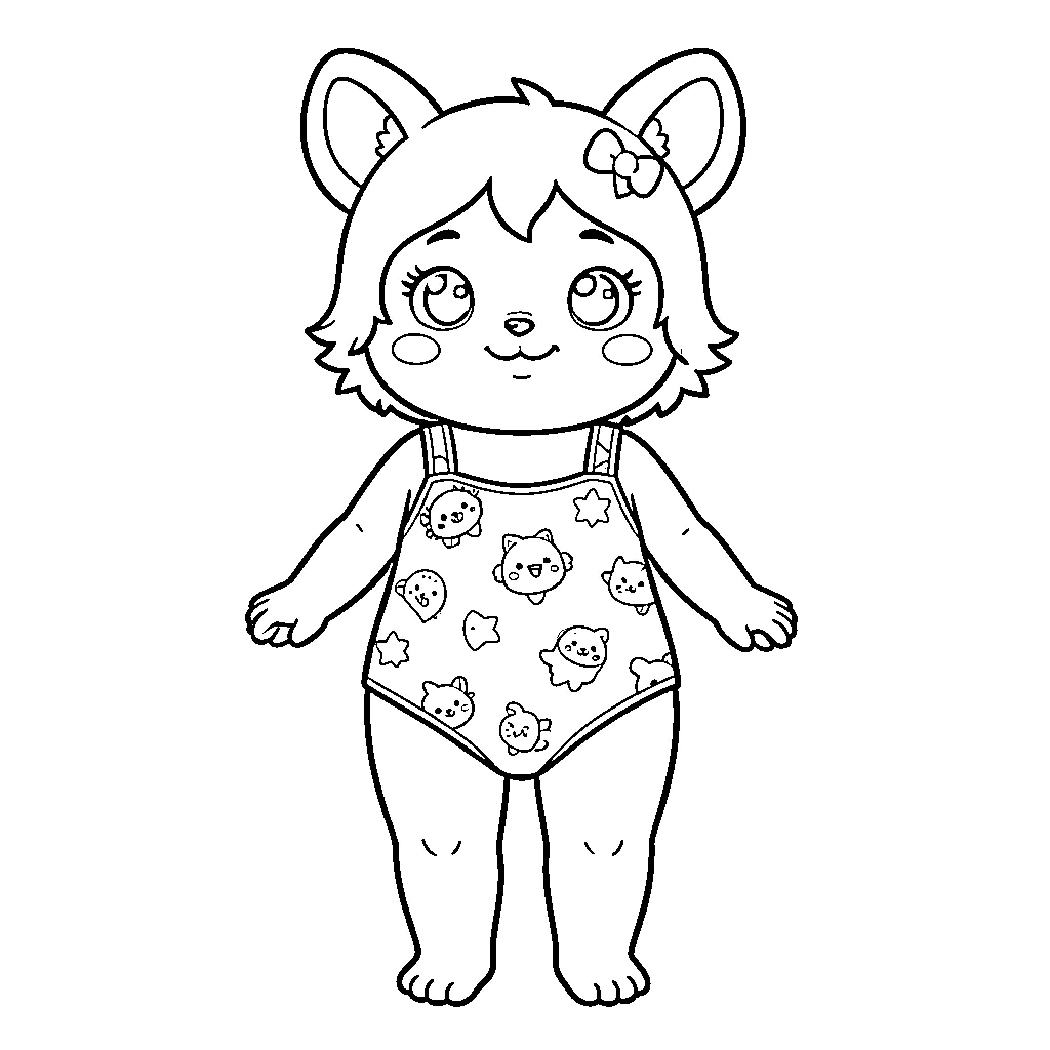 Labubu character wearing patterned overalls and smiling Coloring Page (free black-and-white line drawing printable PDF for all, from beginners to advanced learners, including children, teens, adults, and seniors)