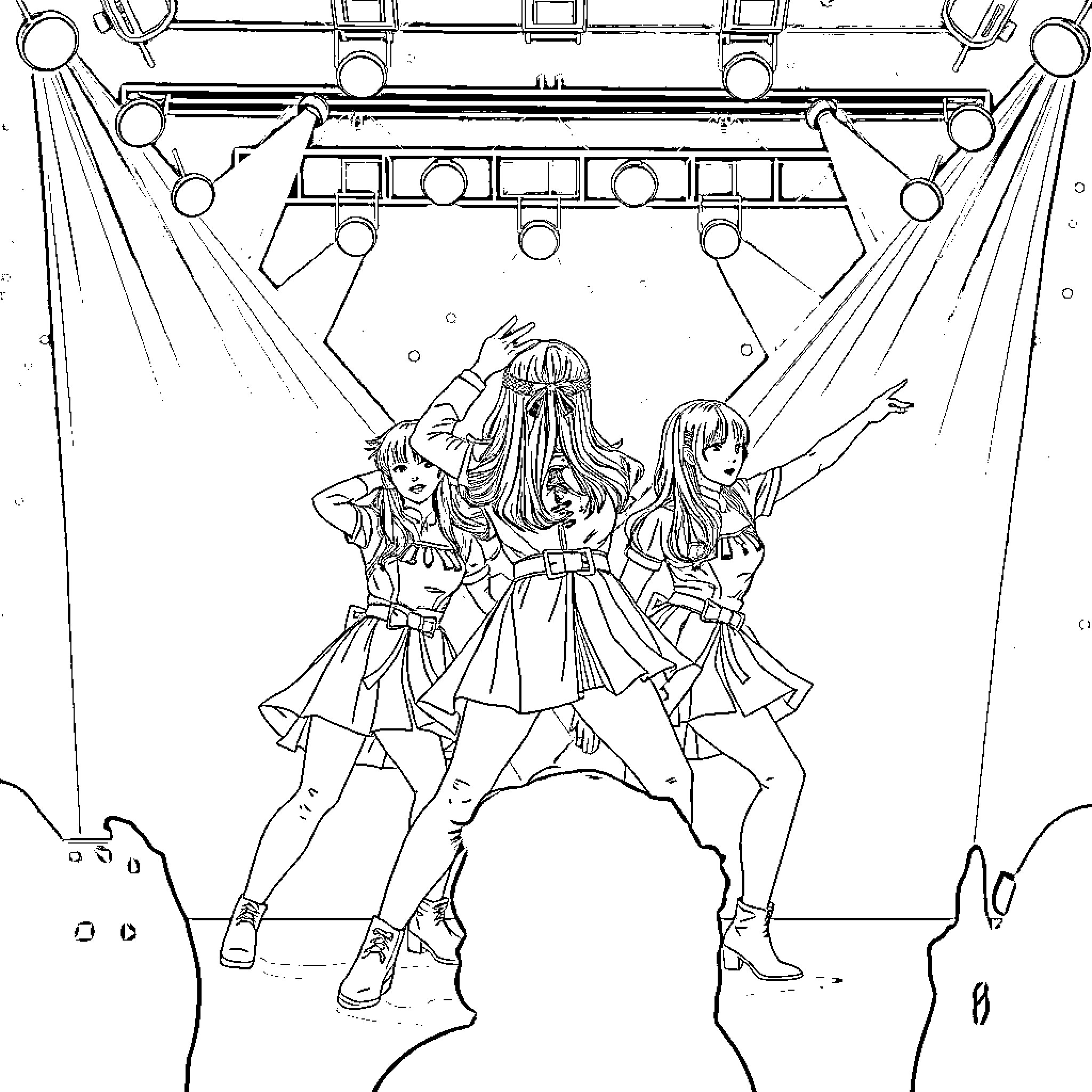 K-Pop Warriors Performing on Stage with Energy Coloring Page (free black-and-white line drawing printable PDF for all, from beginners to advanced learners, including children, teens, adults, and seniors)