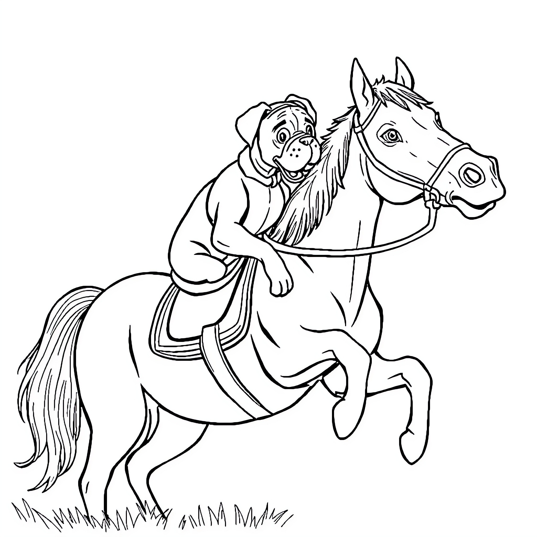 Boxer Dog riding a horse in the meadow Coloring Page (free black-and-white line drawing printable PDF for all, from beginners to advanced learners, including children, teens, adults, and seniors)