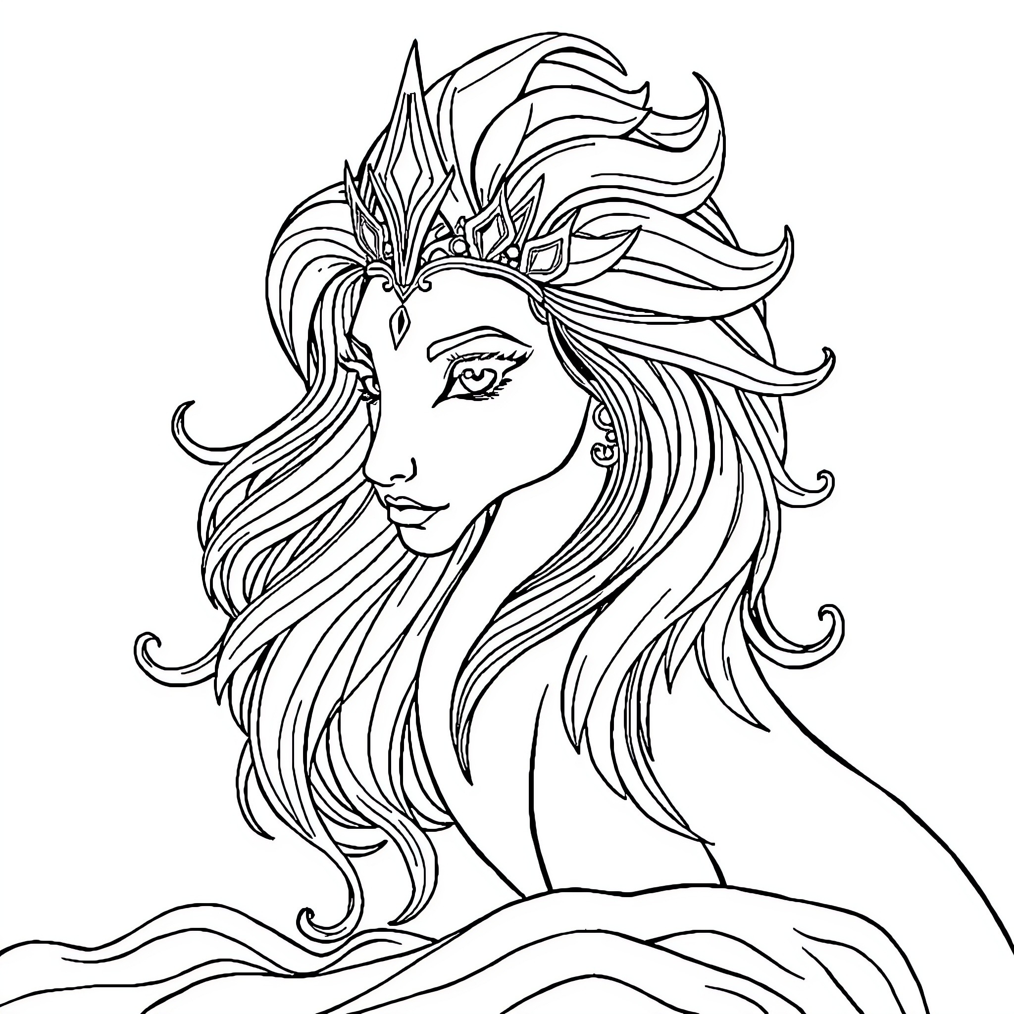 Mermaid with intricate headdress and flowing hair Coloring Page (free black-and-white line drawing printable PDF for all, from beginners to advanced learners, including children, teens, adults, and seniors)